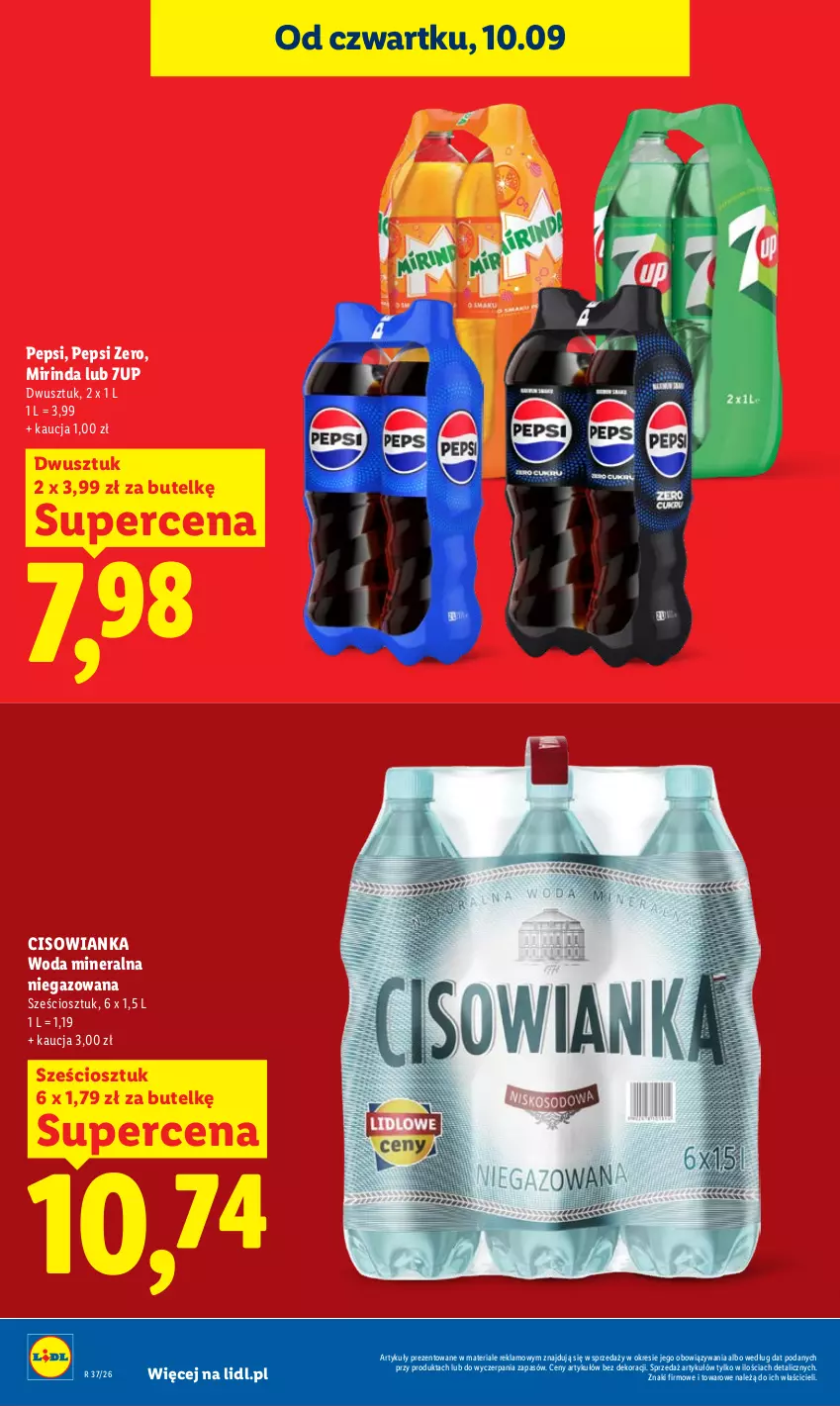 Gazetka promocyjna Lidl - Gazetka ważna od 10.09 do 12.09 - ważna 10.09 do 12.09.2026 - strona 26 - produkty: 7up, Cisowianka, Mirinda, Pepsi, Woda, Woda mineralna