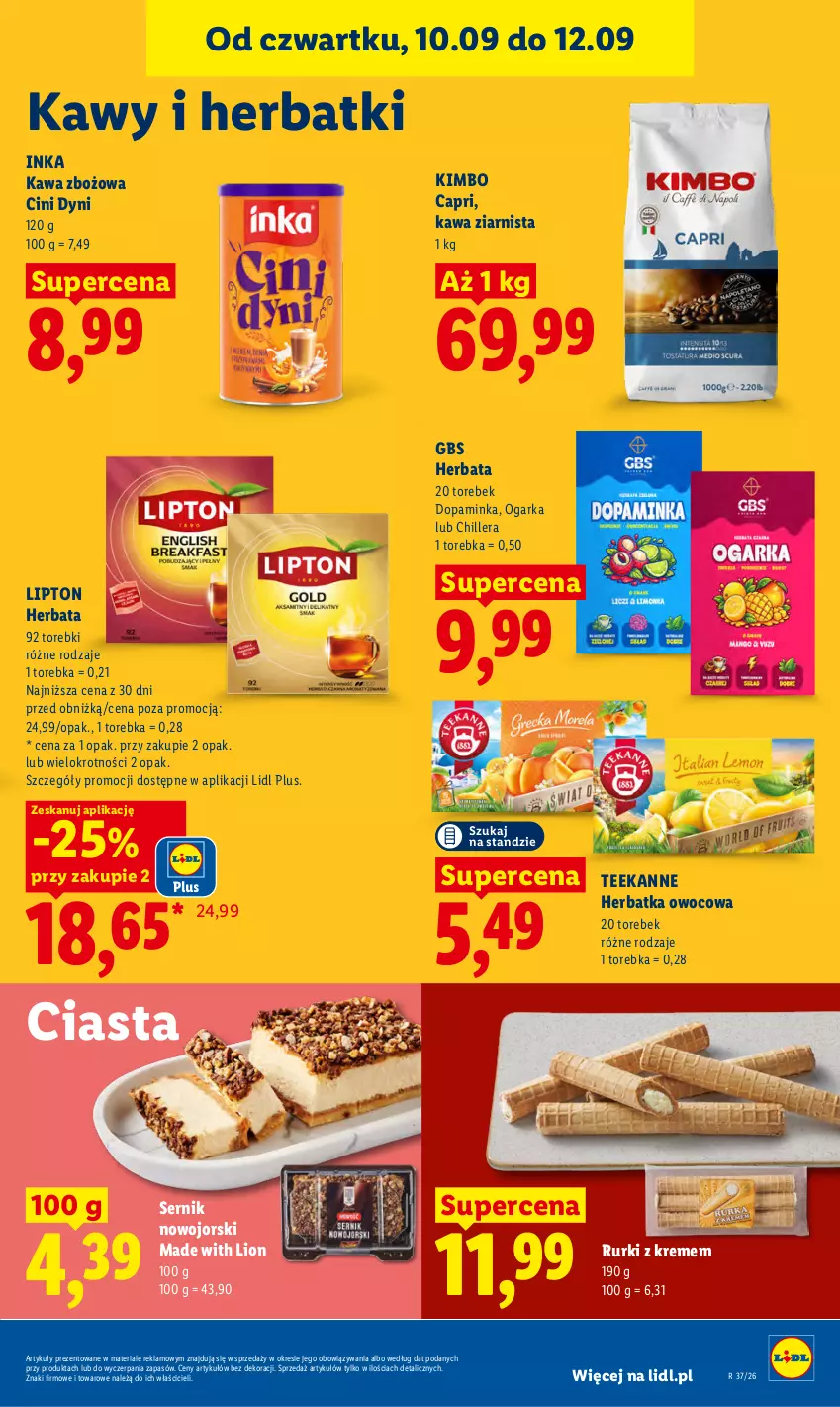 Gazetka promocyjna Lidl - Gazetka ważna od 10.09 do 12.09 - ważna 10.09 do 12.09.2026 - strona 59 - produkty: Herbata, Inka, Kawa, Kawa zbożowa, Kawa ziarnista, Lion, Lipton, Rurki, Ser, Teekanne, Torebka