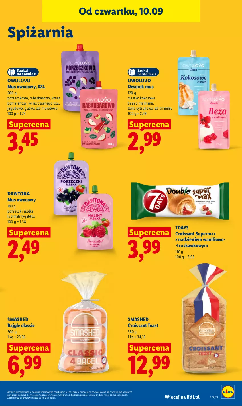 Gazetka promocyjna Lidl - Gazetka ważna od 10.09 do 12.09 - ważna 10.09 do 12.09.2026 - strona 73 - produkty: Bajgle, Croissant, Dawtona, Deser, Jabłka, Kokos, Maliny, Mus, Por, Ser, Serek, Tarta
