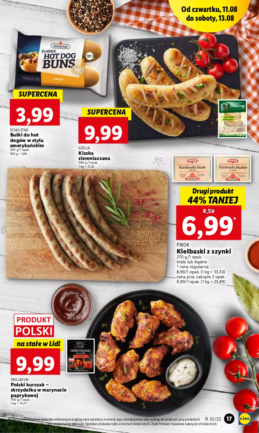 Gazetka promocyjna Lidl - GAZETKA - ważna 11.08 do 13.08.2022 - strona 17 - produkty: Bułki do hot dogów, Grill, Hot dog, Kiełbaski białe, Kurczak, PIKOK
