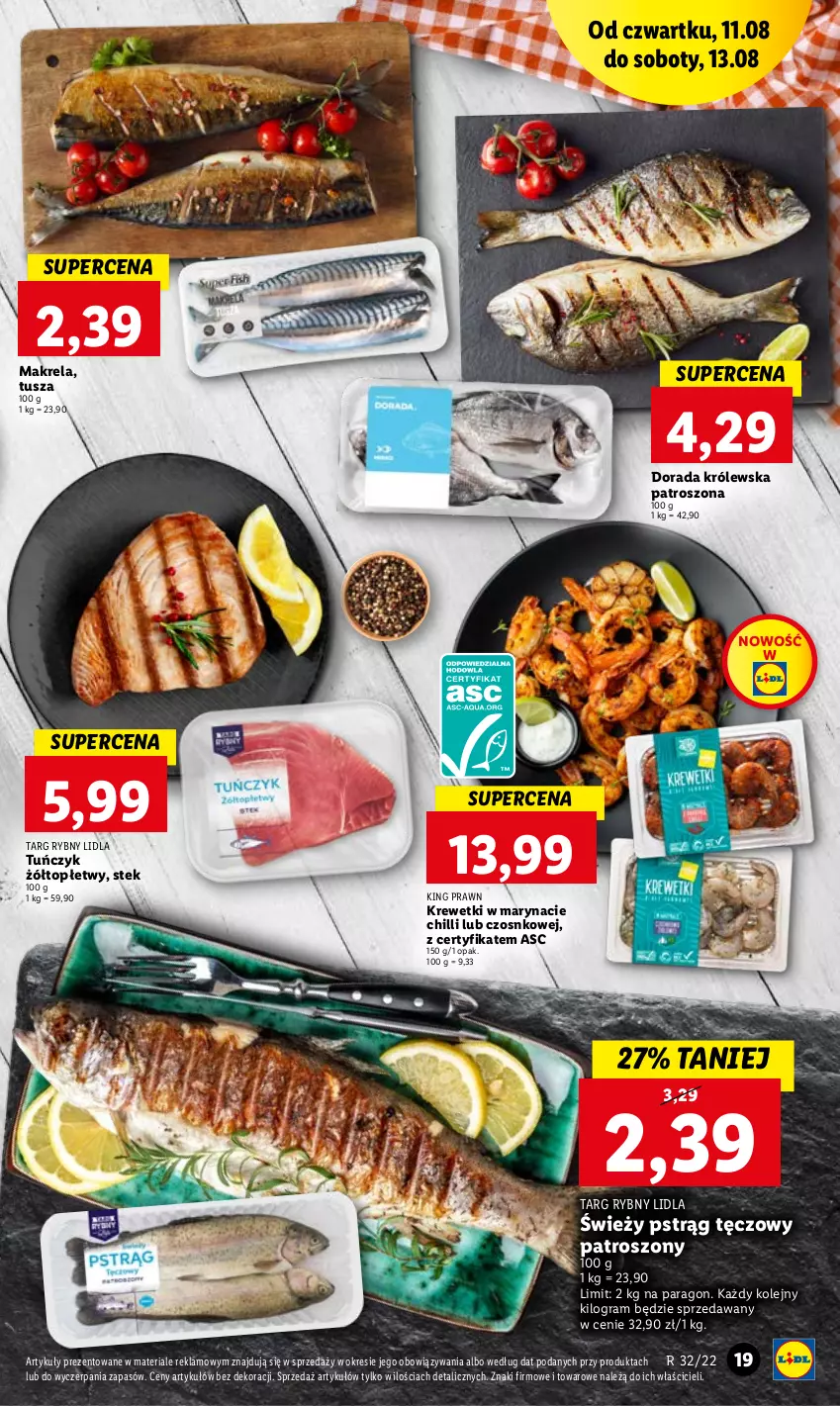 Gazetka promocyjna Lidl - GAZETKA - ważna 11.08 do 13.08.2022 - strona 19 - produkty: Gra, Krewetki, Olej, Pstrąg, Pstrąg tęczowy, Stek, Top, Tuńczyk, Tusz