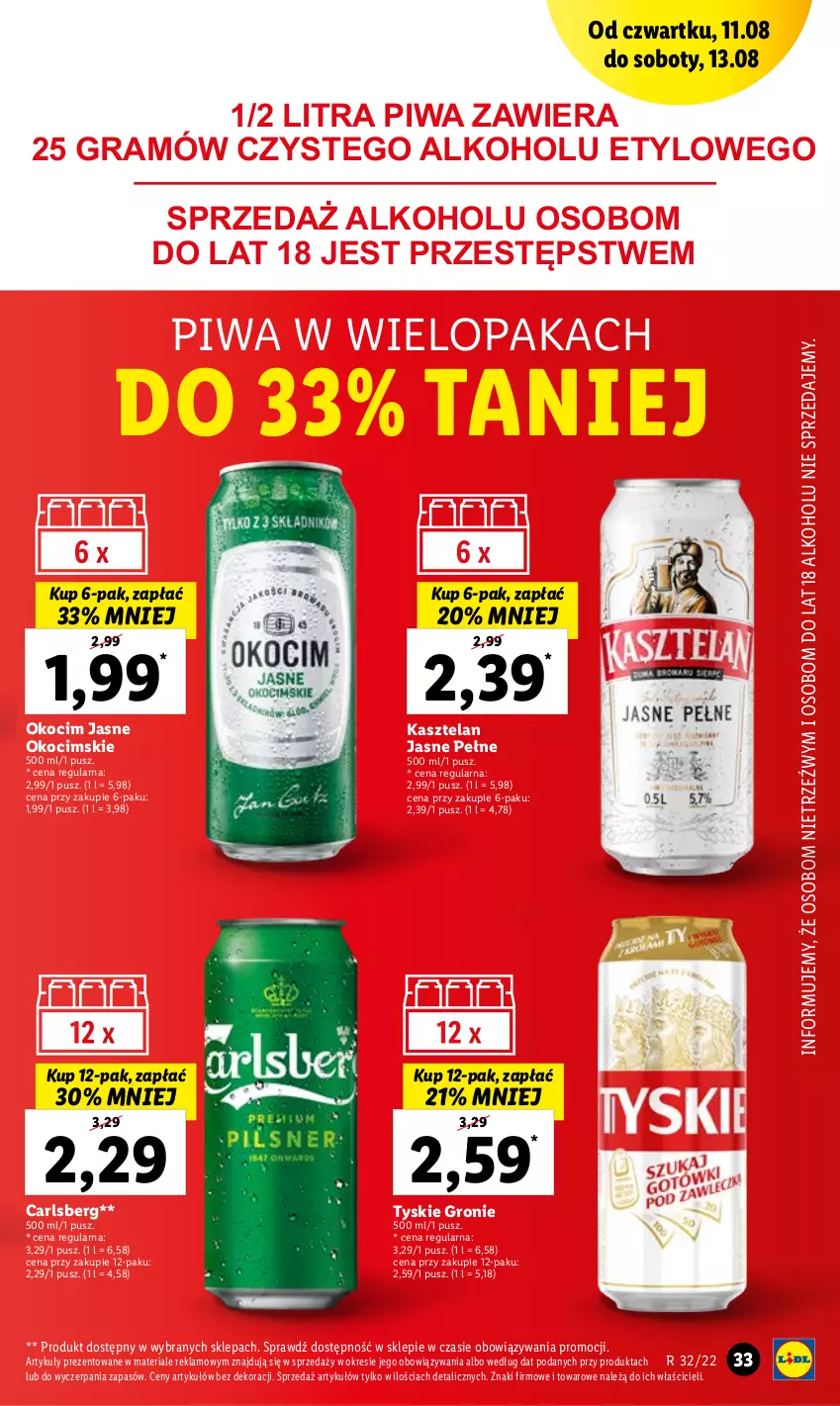 Gazetka promocyjna Lidl - GAZETKA - ważna 11.08 do 13.08.2022 - strona 33 - produkty: Carlsberg, Gra, Kasztelan, Koc, Okocim, Piwa, Tyskie