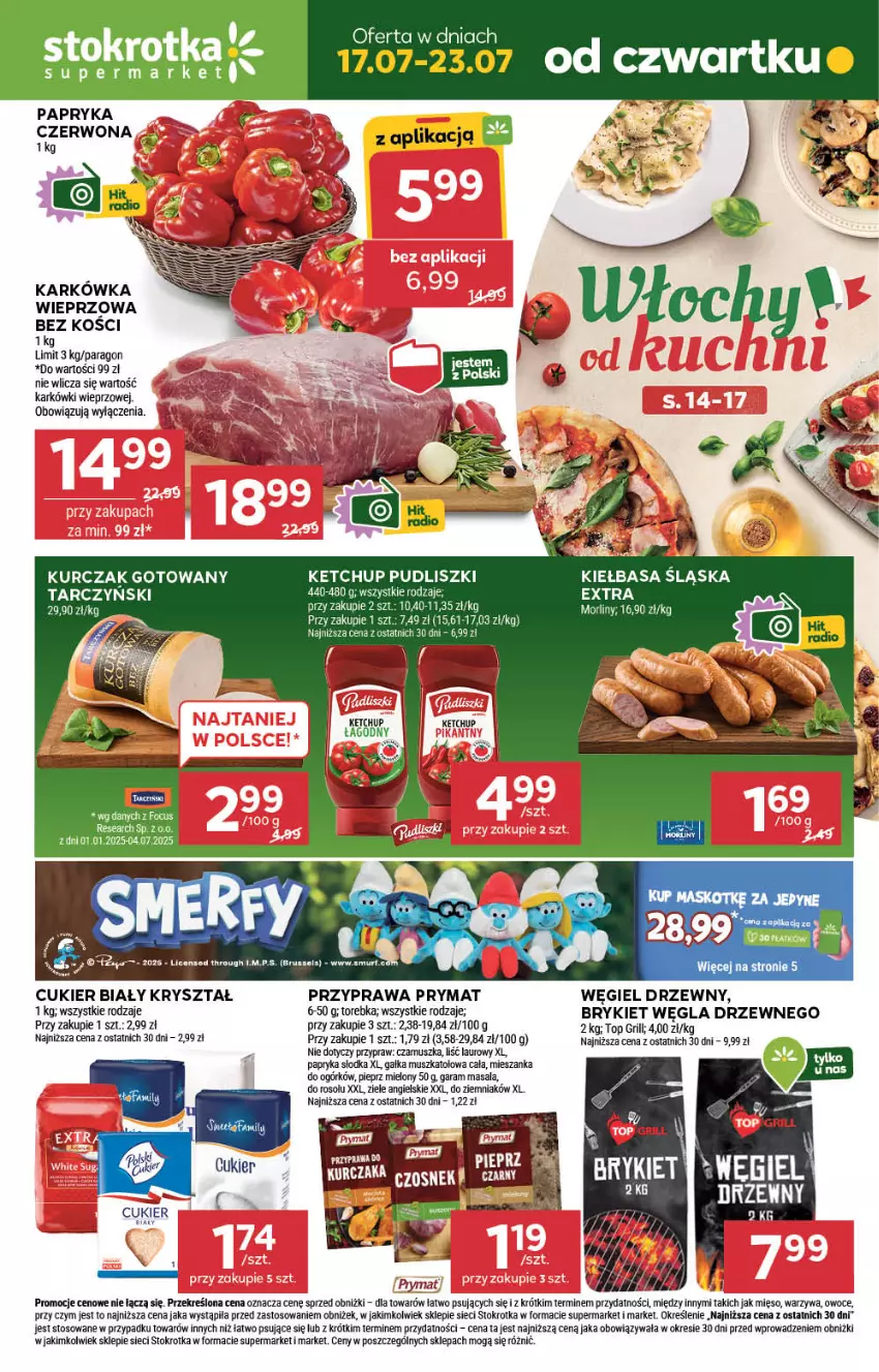 Gazetka promocyjna Stokrotka - Supermarket - ważna 17.07 do 23.07.2025 - strona 1 - produkty: Cukier, Fa, Gałka, Grill, Karkówka wieprzowa, Ketchup, Kiełbasa, Kiełbasa śląska, Kurczak, Kurczak gotowany, Laur, Mięso, Morliny, Mus, Owoce, Papryka, Papryka słodka, Pieprz, Prymat, Pudliszki, Tarczyński, Top, Torebka, Warzywa, Węgiel drzewny, Ziele angielskie