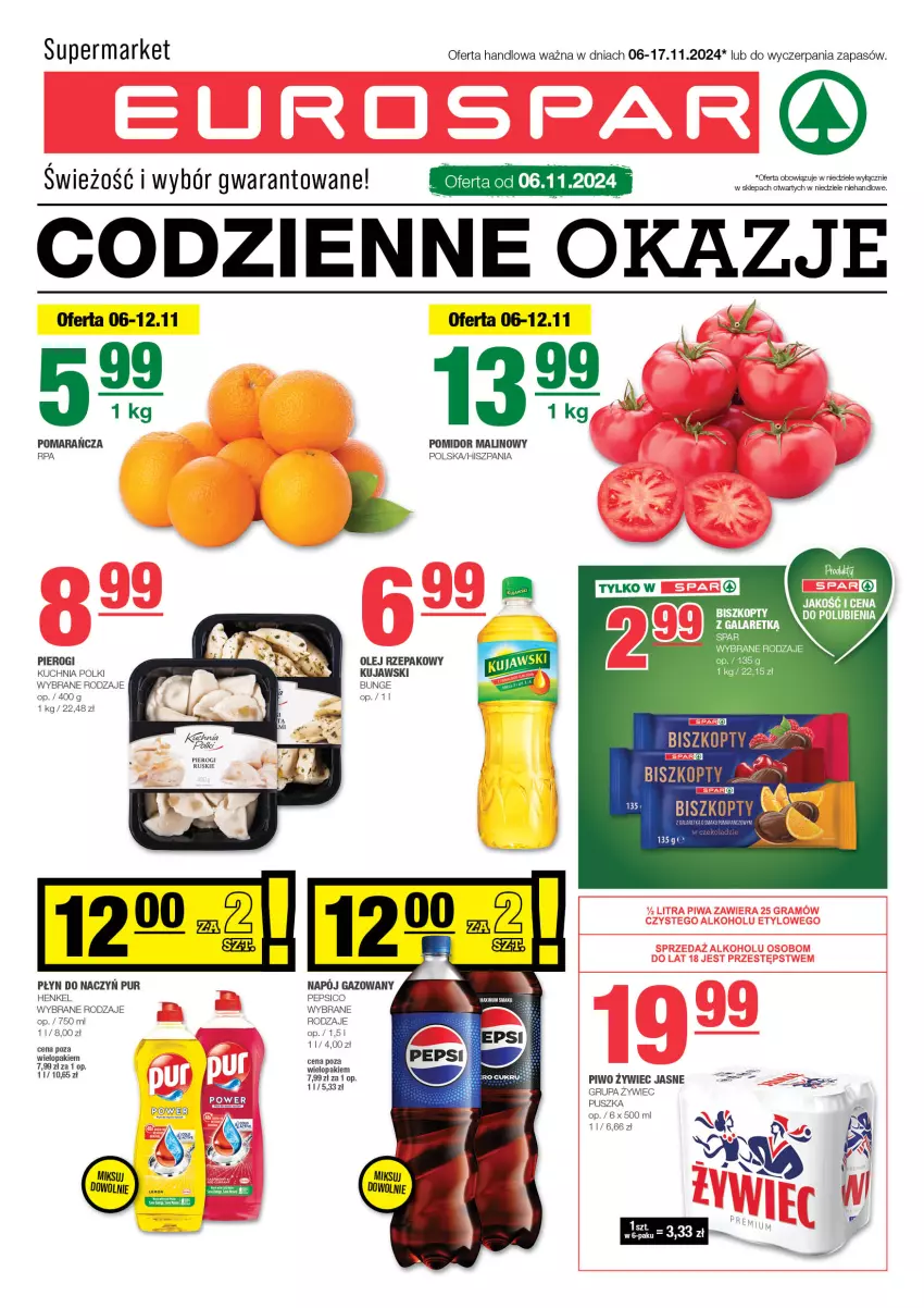 Gazetka promocyjna Spar - EuroSpar - ważna 03.11 do 13.11.2024 - strona 1 - produkty: Biszkopty, Kuchnia, Kujawski, Olej, Olej rzepakowy, Pepsi, Pierogi, Piwo, Pomidor malinowy, Pur