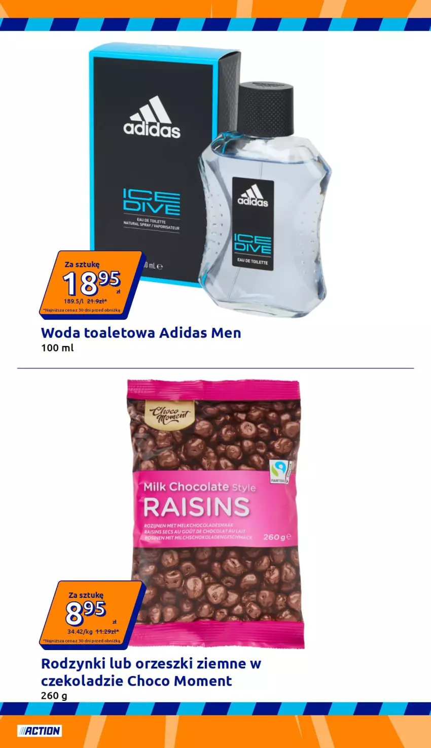 Gazetka promocyjna Action - Gazetka tydzień 40 2026 - ważna 30.09 do 06.10.2026 - strona 2 - produkty: Adidas, Orzeszki, Orzeszki ziemne, Rodzynki, Woda, Woda toaletowa