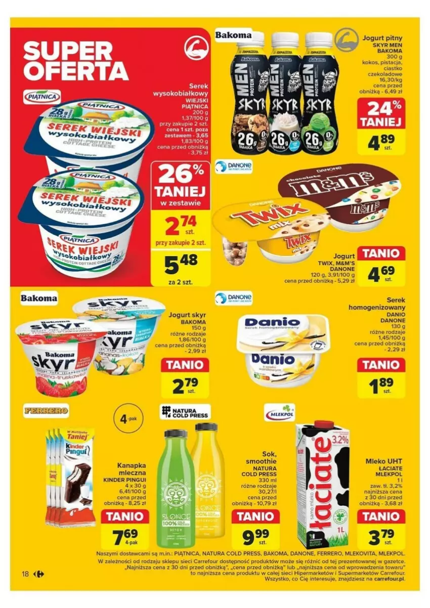 Gazetka promocyjna Carrefour - ważna 04.11 do 09.11.2024 - strona 10 - produkty: Bakoma, Danio, Danone, Ferrero, Jogurt, Jogurt pitny, Kinder, Kokos, Mleko, Piątnica, Ser, Serek, Serek homogenizowany, Smoothie, Sok, Twix