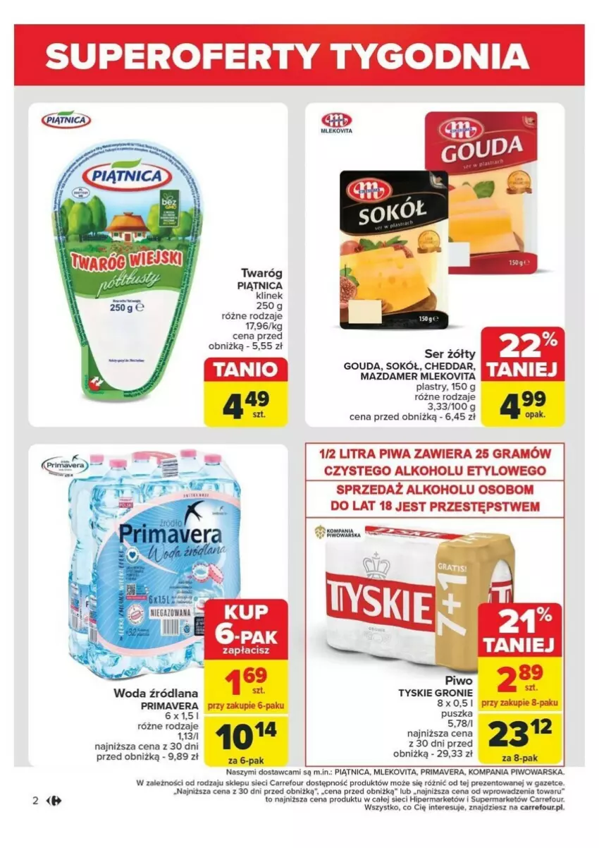 Gazetka promocyjna Carrefour - ważna 04.11 do 09.11.2024 - strona 12 - produkty: Cheddar, Gouda, Gra, LANA, Mazdamer, Mleko, Mlekovita, Piątnica, Piwa, Piwo, Prima, Primavera, Ser, Sok, Sokół, Tyskie, Woda