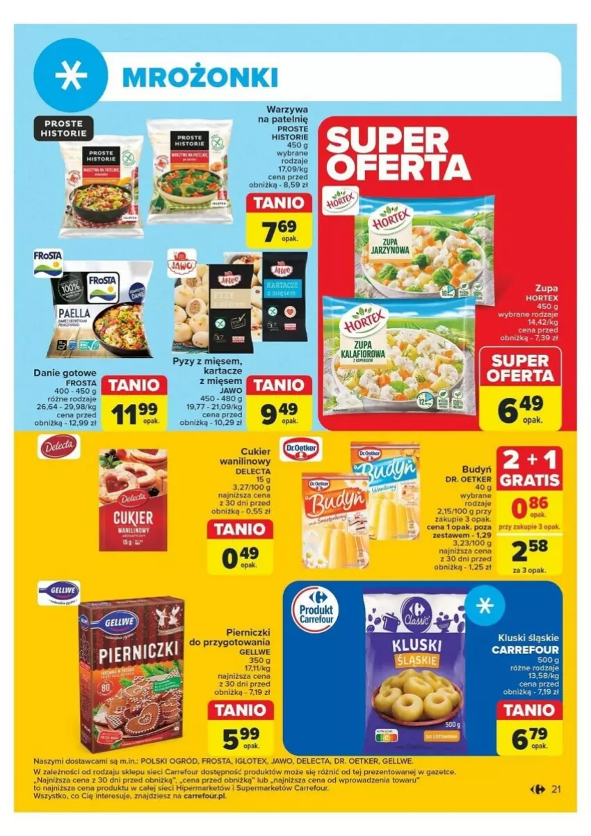 Gazetka promocyjna Carrefour - ważna 04.11 do 09.11.2024 - strona 14 - produkty: Budyń, Cukier, Cukier wanilinowy, Danie gotowe, Delecta, Dr. Oetker, Frosta, Hortex, Kalafior, Ogród, Warzywa, Zupa