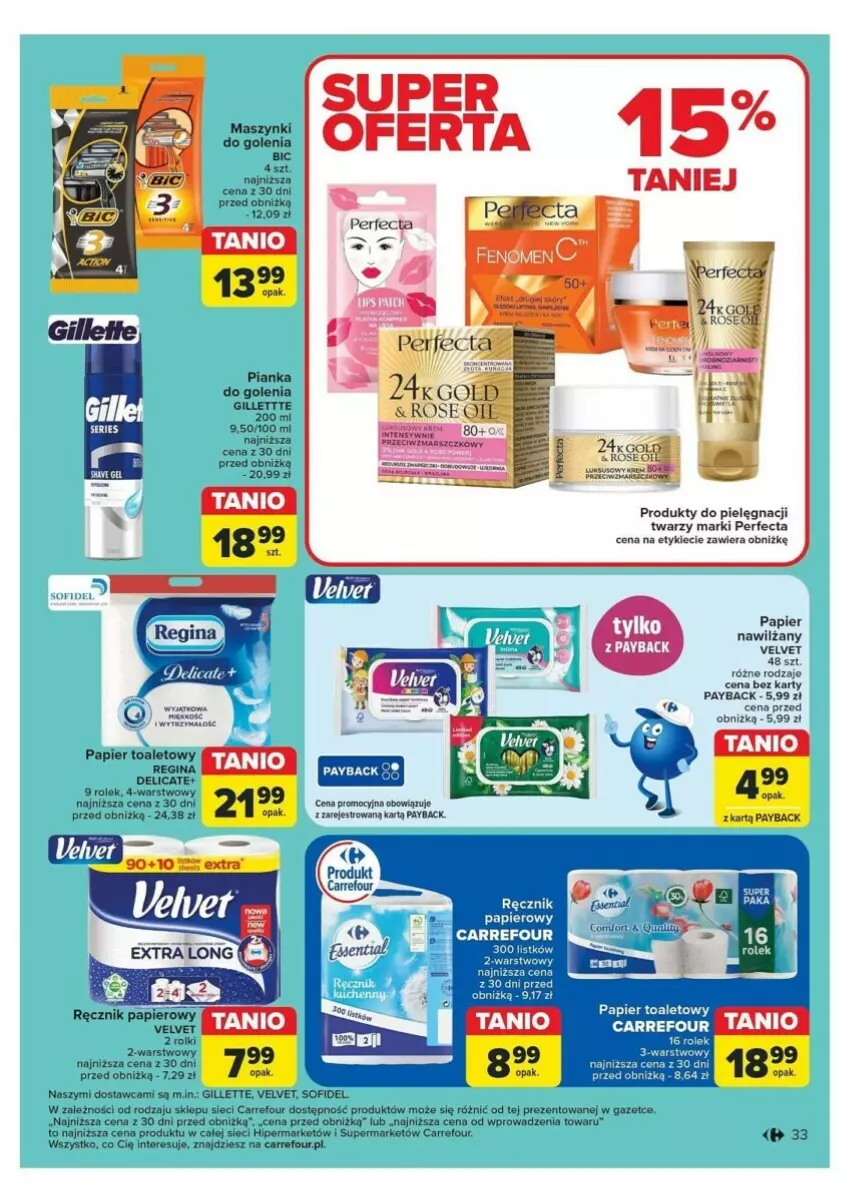 Gazetka promocyjna Carrefour - ważna 04.11 do 09.11.2024 - strona 27 - produkty: BIC, Gillette, Gin, Papier, Papier toaletowy, Perfecta, Pianka do golenia, Rolki, Velvet