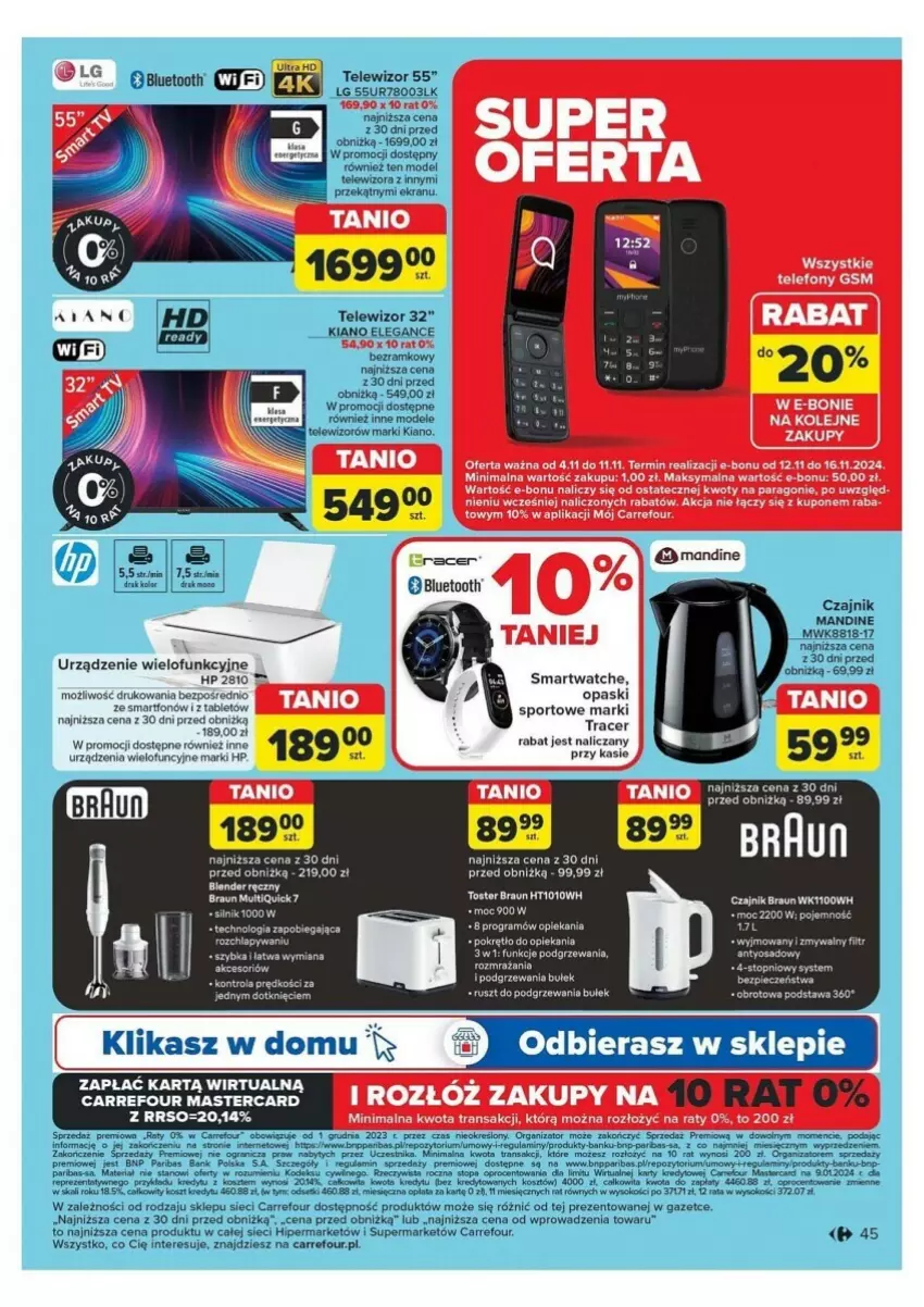 Gazetka promocyjna Carrefour - ważna 04.11 do 09.11.2024 - strona 40 - produkty: Acer, Blender, Blender ręczny, Braun, Czajnik, Fa, Gra, HP, LG, NBA, Olej, Parka, Piec, Por, Pur, Rum, Smartfon, Smartwatch, Sok, Sport, Tablet, Telefon, Telewizor, Top, Tran, Urządzenie wielofunkcyjne