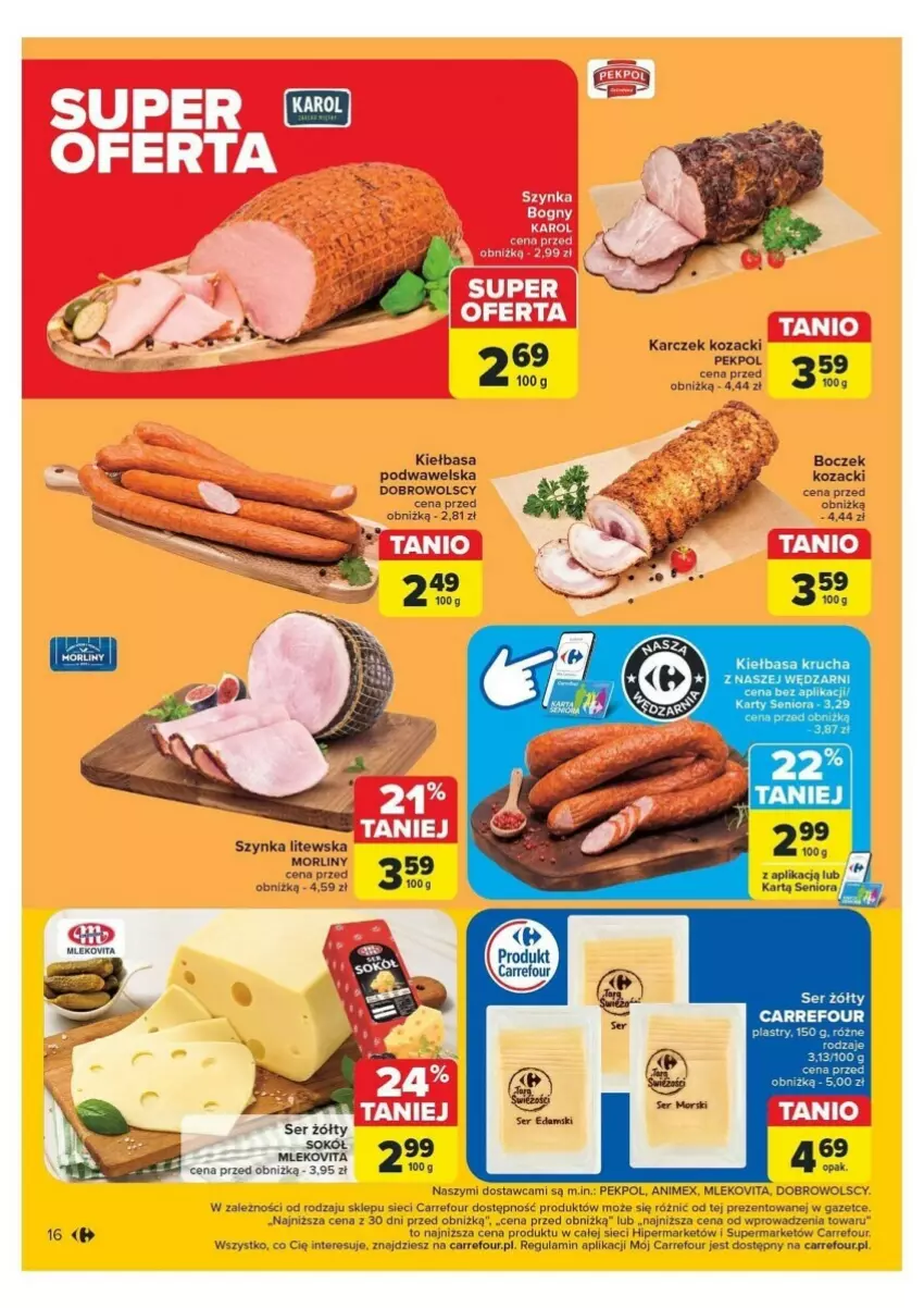 Gazetka promocyjna Carrefour - ważna 04.11 do 09.11.2024 - strona 8 - produkty: Boczek, Edam, Kiełbasa, Kiełbasa krucha, Mleko, Mlekovita, Morliny, Ser, Sok, Sokół, Szynka, Vita C, Wawel