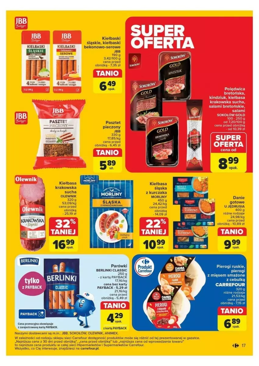 Gazetka promocyjna Carrefour - ważna 04.11 do 09.11.2024 - strona 9 - produkty: Beko, Berlinki, Kiełbasa, Kiełbasa krakowska, Kurczak, Olewnik, Parówki, Pasztet, Piec, Pierogi, Ser, Sok, Sokołów