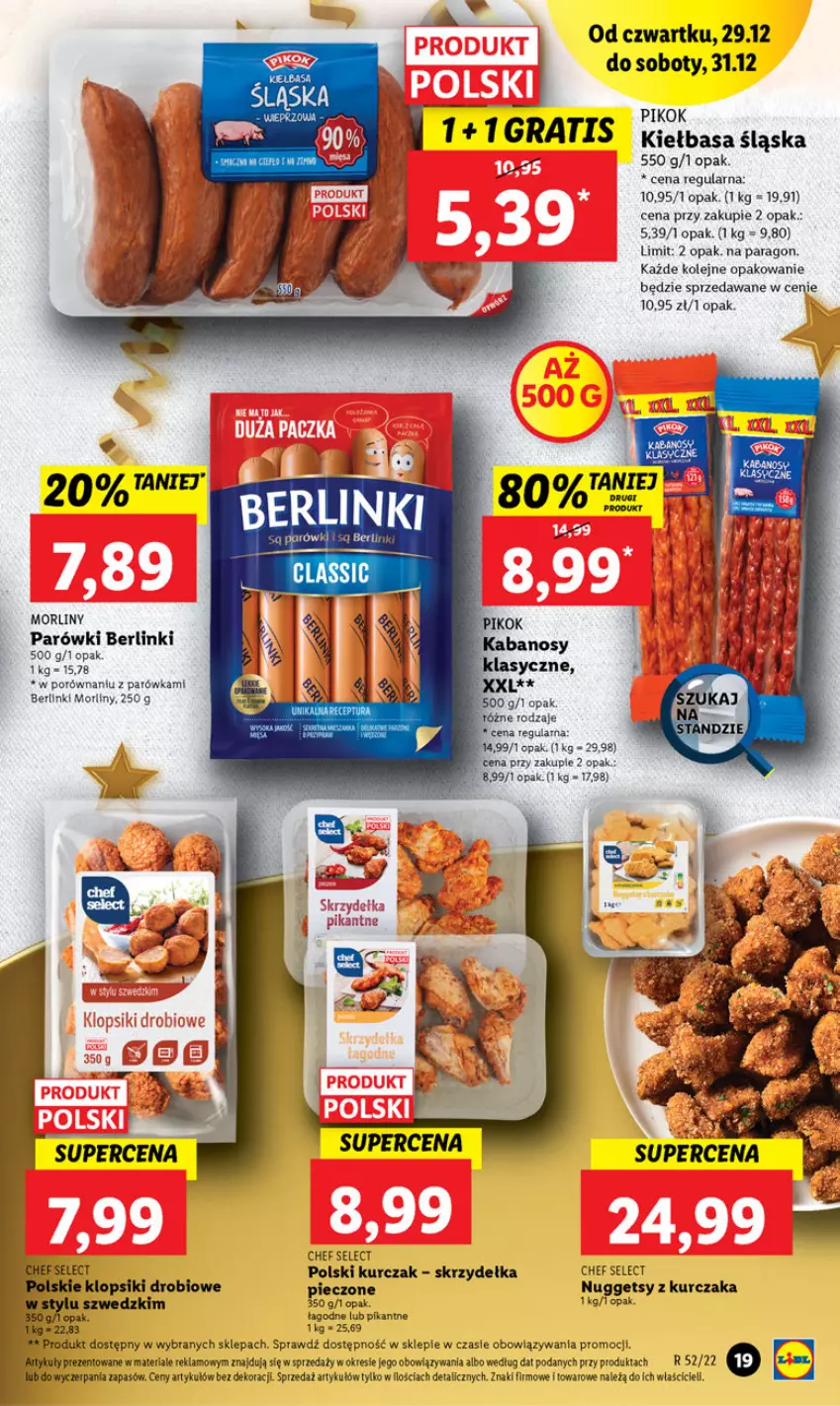 Gazetka promocyjna Lidl - GAZETKA - ważna 29.12 do 31.12.2022 - strona 19 - produkty: Berlinki, Fa, Gra, Klopsiki, Kurczak, Morliny, Olej, Parówki, Piec, Por