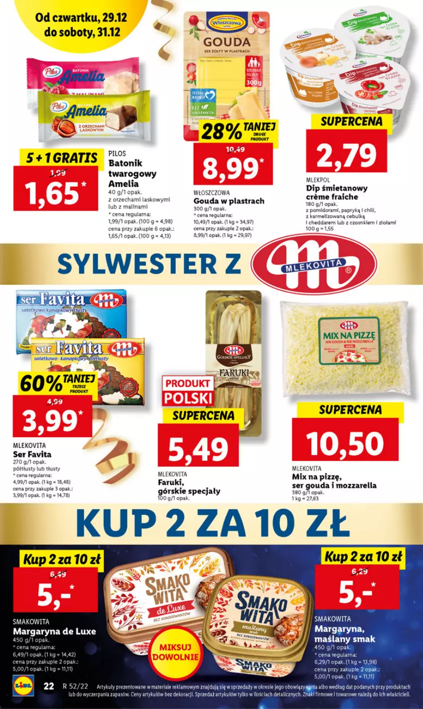 Gazetka promocyjna Lidl - GAZETKA - ważna 29.12 do 31.12.2022 - strona 22 - produkty: Cheddar, Fa, Favita, Gouda, Gra, Margaryna, Mleko, Mlekovita, Mozzarella, Sałat, Ser, Smakowita