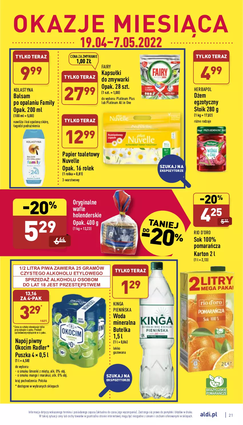 Gazetka promocyjna Aldi - Katalog spożywczy - ważna 19.04 do 24.04.2022 - strona 21 - produkty: Dżem, Fa, Fairy, Gin, Gra, Herbapol, Koc, Mango, Napój, Okocim, Papier, Papier toaletowy, Piwa, Radler, Sok, Tera, Wafle, Woda, Woda mineralna, Zmywarki