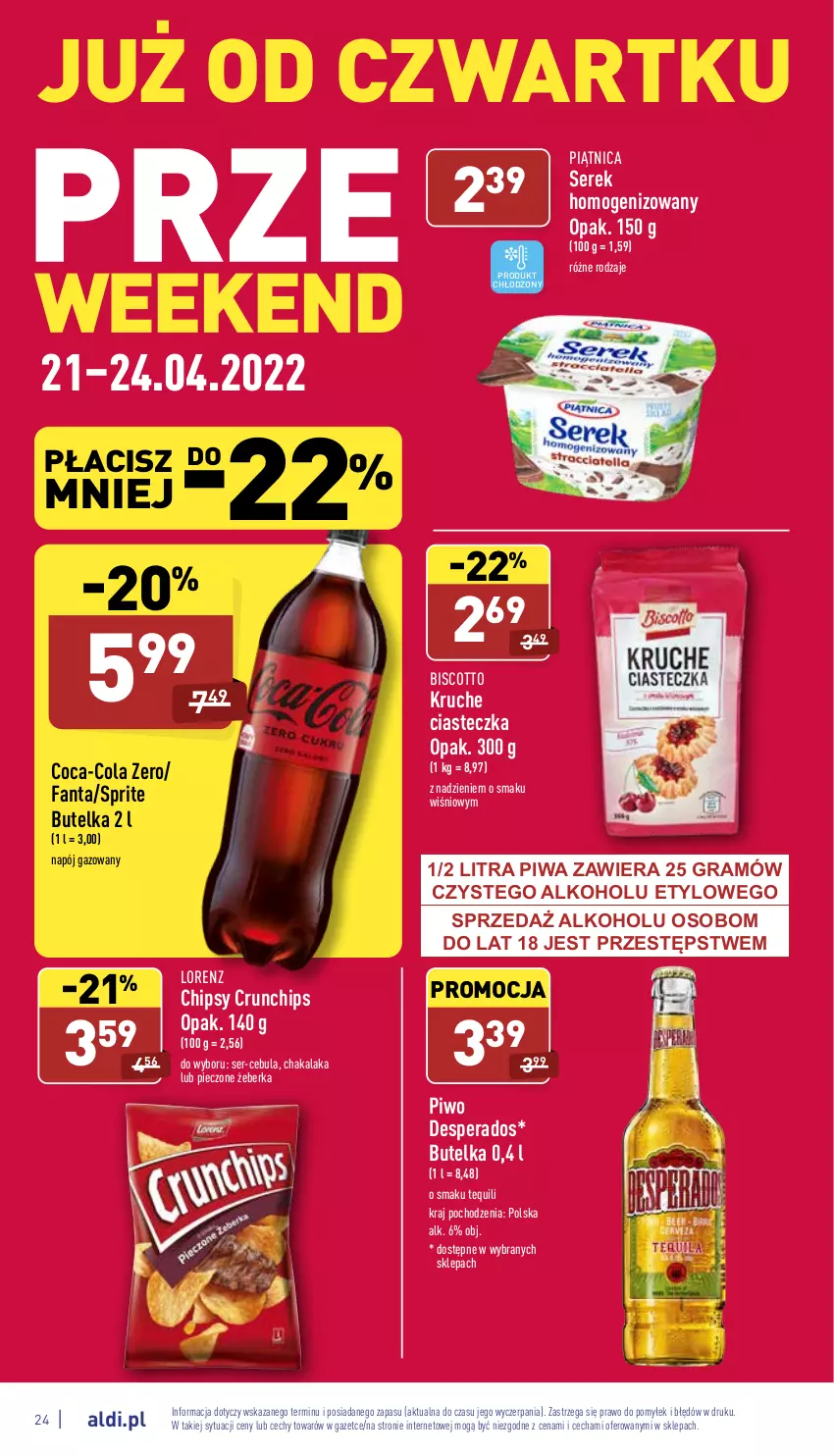 Gazetka promocyjna Aldi - Katalog spożywczy - ważna 19.04 do 24.04.2022 - strona 24 - produkty: Cebula, Chipsy, Coca-Cola, Crunchips, Desperados, Fa, Fanta, Gra, Lorenz, Napój, Napój gazowany, Piątnica, Piec, Piwa, Piwo, Ser, Serek, Serek homogenizowany, Sprite