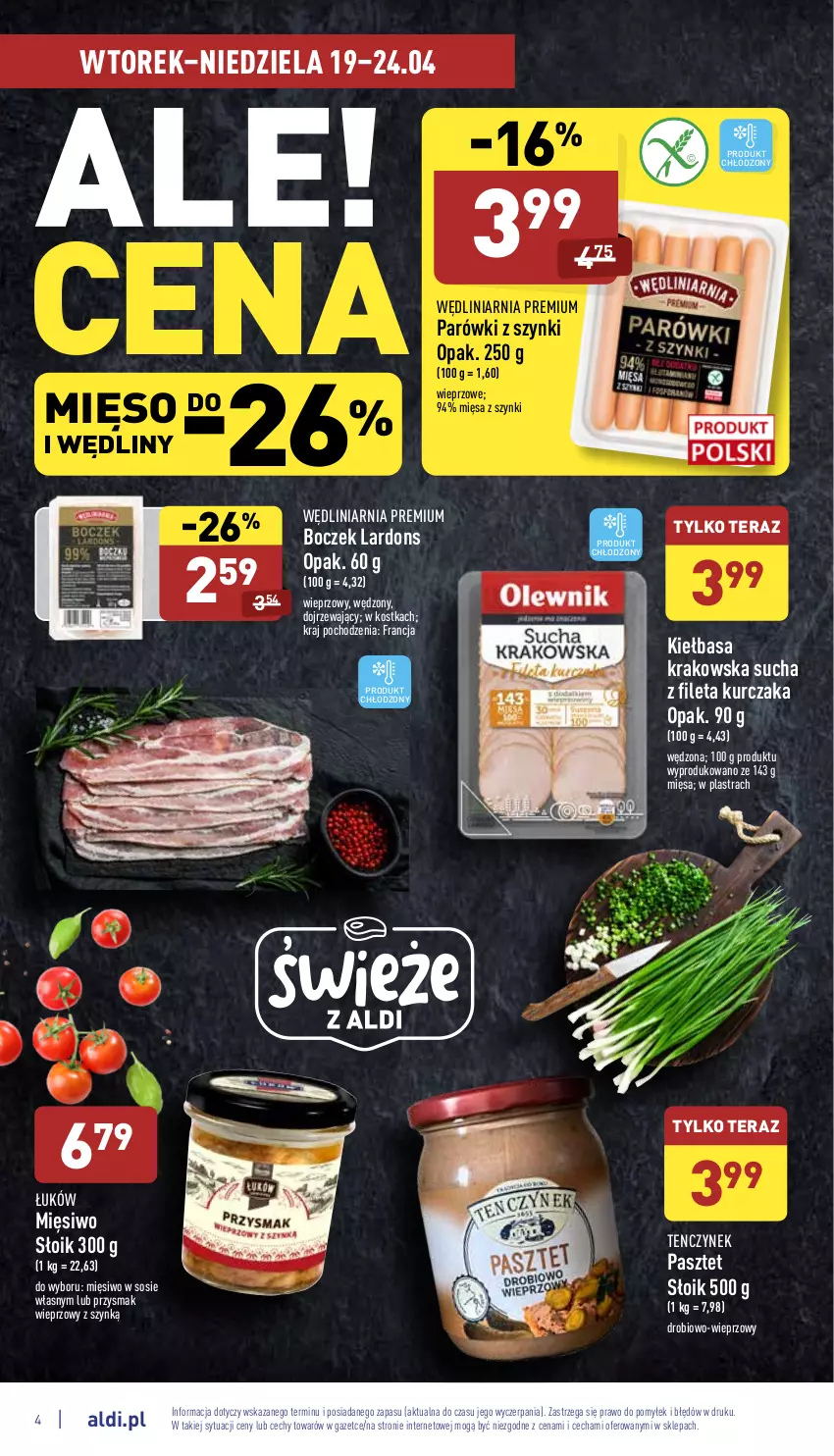 Gazetka promocyjna Aldi - Katalog spożywczy - ważna 19.04 do 24.04.2022 - strona 4 - produkty: Boczek, Kiełbasa, Kiełbasa krakowska, Kurczak, Mięso, Parówki, Parówki z szynki, Pasztet, Sos, Tera