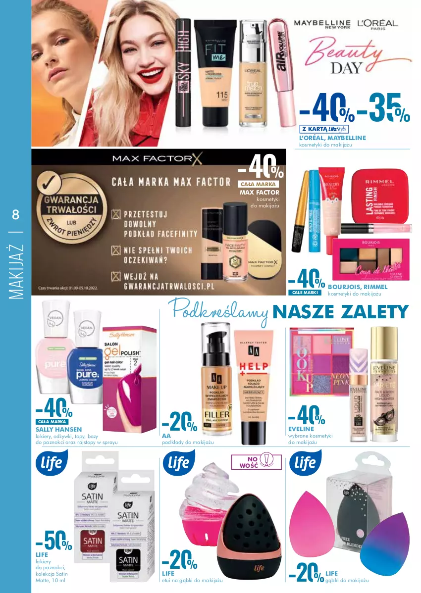 Gazetka promocyjna Super Pharm - Gazetka - ważna 01.09 do 14.09.2022 - strona 8 - produkty: Bell, Bourjois, Eveline, Fa, L’Oréal, Lakier, Makijaż, Max Factor, Maybelline, Podkład, Rajstopy, Sally Hansen, Sati, Top