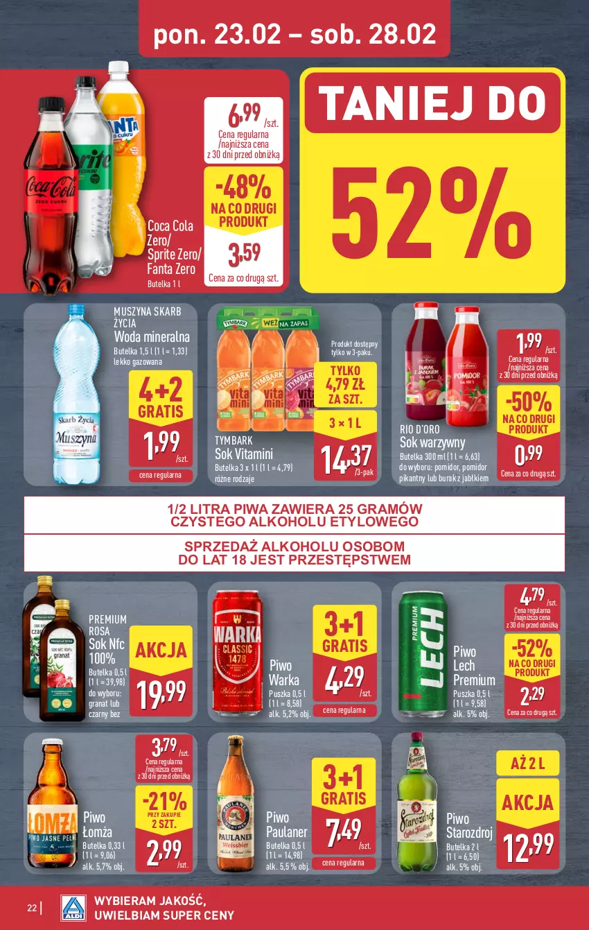 Gazetka promocyjna Aldi - Pełna oferta - ważna 23.02 do 28.02.2026 - strona 22 - produkty: Fa, Fanta, Gra, Granat, Lech Premium, Mus, Piwa, Piwo, Sok, Sprite, Szyna, Tymbark, Warka, Woda, Woda mineralna