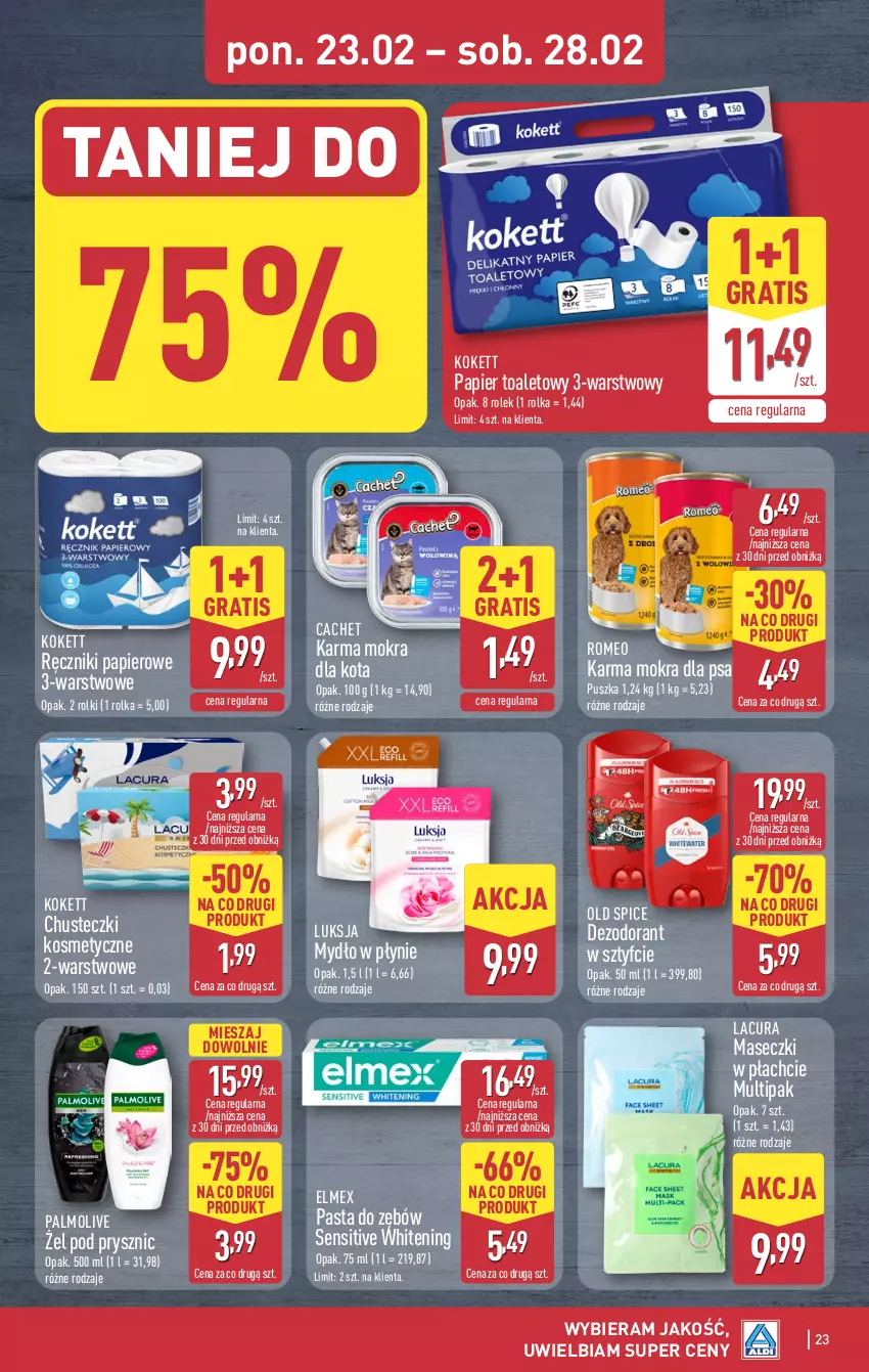 Gazetka promocyjna Aldi - Pełna oferta - ważna 23.02 do 28.02.2026 - strona 23 - produkty: Chusteczki, Chusteczki kosmetyczne, Dezodorant, Elmex, Gra, Luksja, Mydło, Mydło w płynie, Old Spice, Palmolive, Papier, Papier toaletowy, Pasta do zębów, Ręcznik, Ręczniki papierowe, Rolki