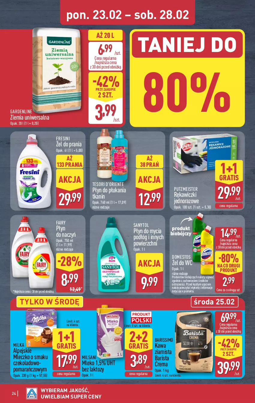 Gazetka promocyjna Aldi - Pełna oferta - ważna 23.02 do 28.02.2026 - strona 24 - produkty: Domestos, Fa, Fairy, Gra, Kawa, Kawa ziarnista, Milka, Mleczko, Mleko, Płyn do mycia, Płyn do mycia podłóg, Płyn do płukania, Putzmeister, Sanytol