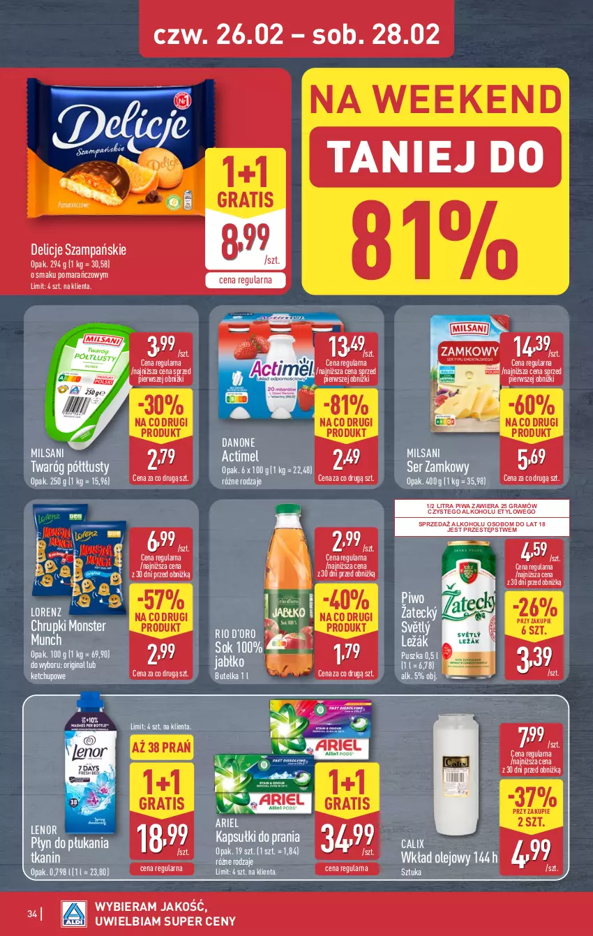 Gazetka promocyjna Aldi - Pełna oferta - ważna 23.02 do 28.02.2026 - strona 34 - produkty: Actimel, Ariel, Chrupki, Danone, Delicje, Gin, Gra, Kapsułki do prania, Ketchup, Lenor, Lorenz, Monster Munch, Olej, Piwa, Piwo, Płyn do płukania, Ser, Sok, Twaróg, Twaróg półtłusty, Wkład olejowy