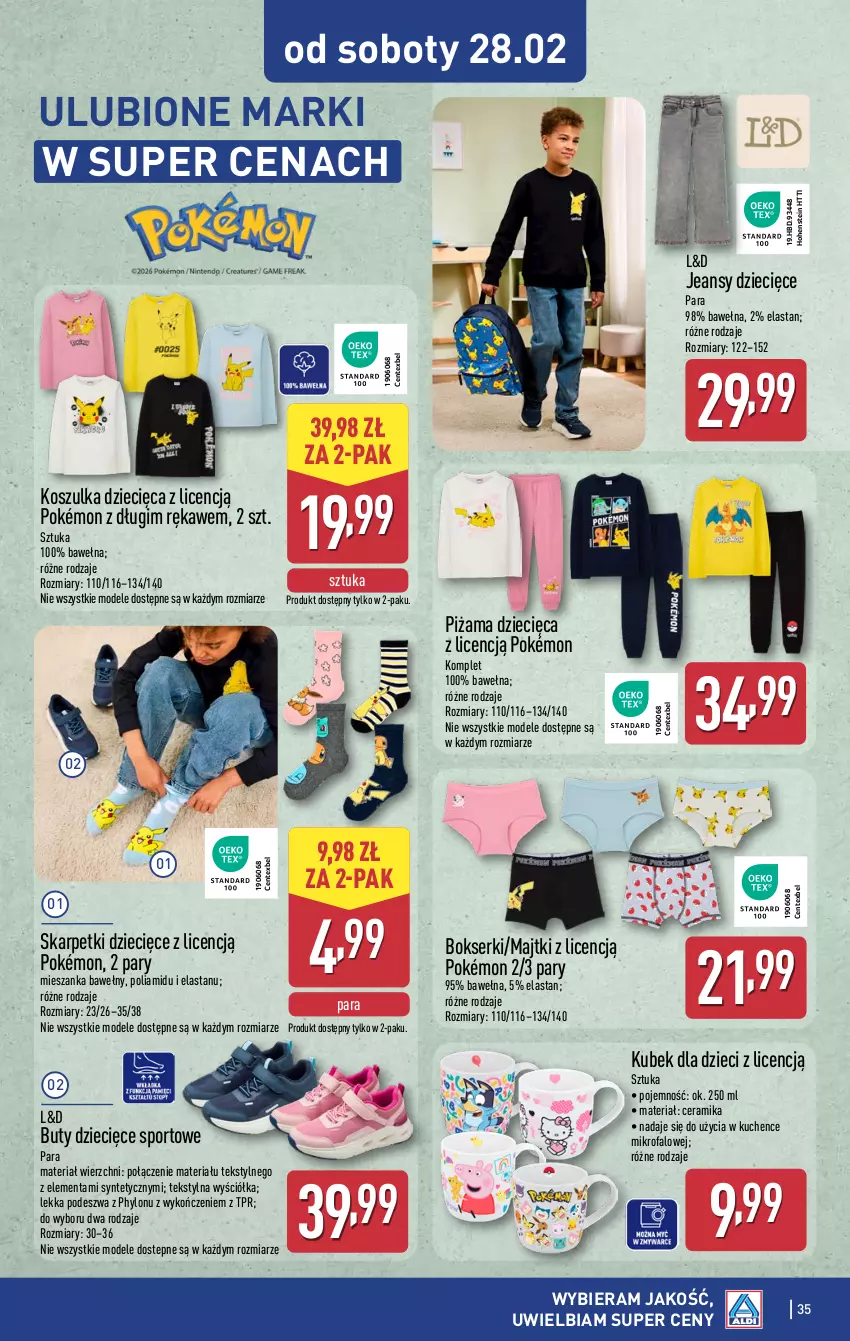 Gazetka promocyjna Aldi - Pełna oferta - ważna 23.02 do 28.02.2026 - strona 35 - produkty: Bokserki, Buty, Dzieci, Fa, Karp, Kosz, Koszulka, Kubek, Majtki, Piżama, Pokémon, Por, Ser, Skarpetki, Sport, Wełna