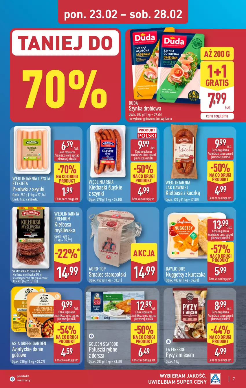 Gazetka promocyjna Aldi - Pełna oferta - ważna 23.02 do 28.02.2026 - strona 7 - produkty: Danie gotowe, Dorsz, Duda, Golden Seafood, Gra, Kiełbasa, Kiełbaski śląskie, Kurczak, Paluszki rybne, Parówki, Parówki z szynki, Smalec, Szynka, Top