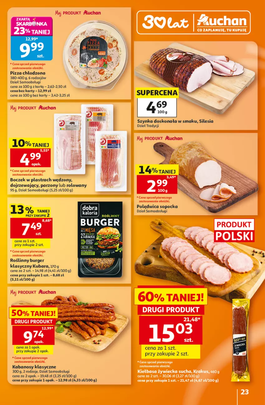 Gazetka promocyjna Auchan - 30 Lat Hipermarket - ważna 06.08 do 12.08.2026 - strona 23 - produkty: Boczek, Burger, Kabanos, Pizza, Polędwica, Roślinny burger, Szynka