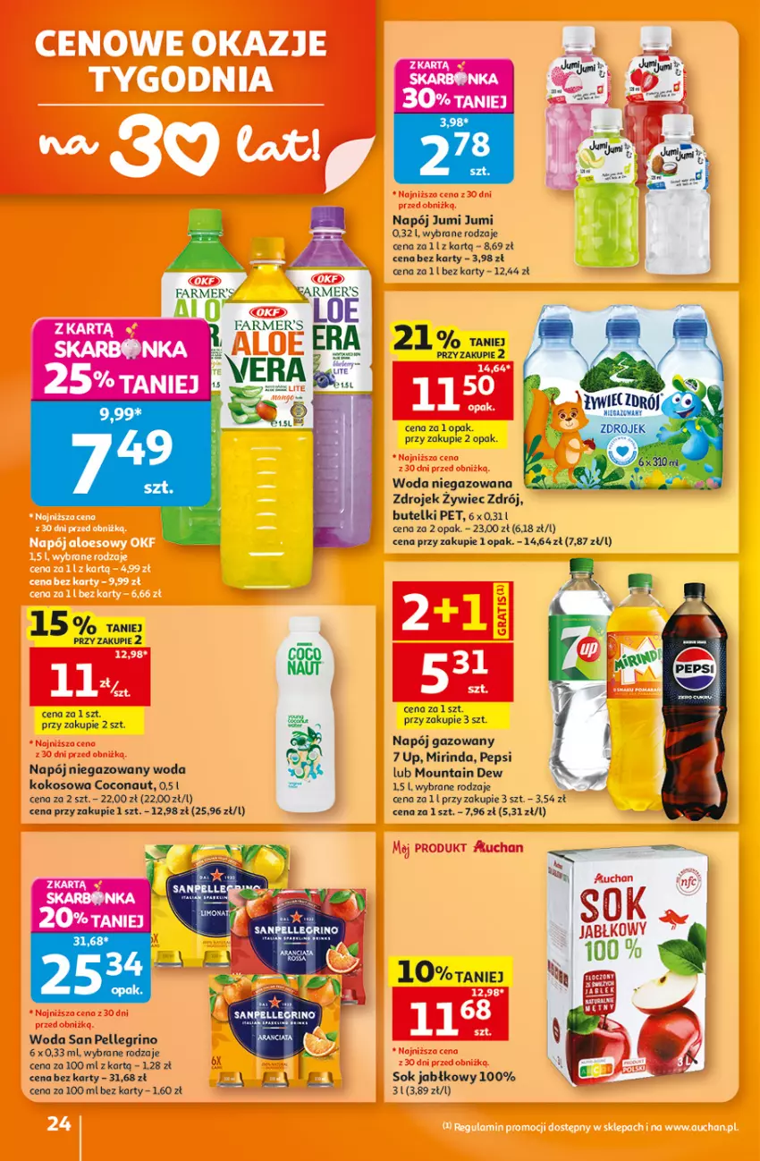 Gazetka promocyjna Auchan - 30 Lat Hipermarket - ważna 06.08 do 12.08.2026 - strona 24 - produkty: Bell, Fa, Kokos, Mirinda, Napój, Napój gazowany, Napój niegazowany, Pepsi, Sok, Sok jabłkowy, Woda