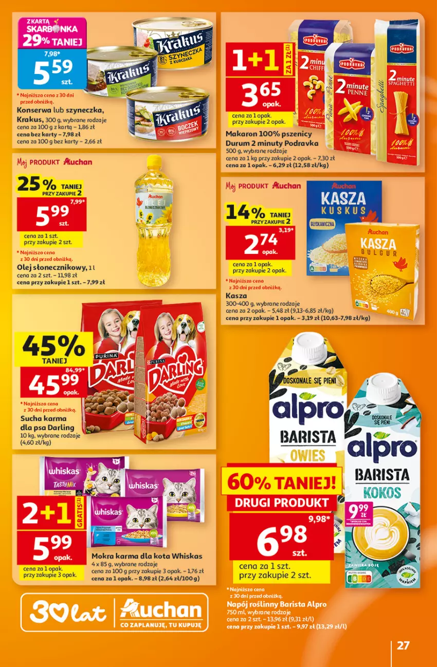 Gazetka promocyjna Auchan - 30 Lat Hipermarket - ważna 06.08 do 12.08.2026 - strona 27 - produkty: Alpro, Kasza, Kokos, Krakus, LG, Makaron, Mokra karma, Nuty, Olej, Olej słonecznikowy, Podravka, Rum, Ser, Sucha karma, Whiskas