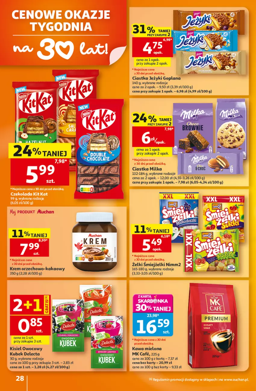 Gazetka promocyjna Auchan - 30 Lat Hipermarket - ważna 06.08 do 12.08.2026 - strona 28 - produkty: Ciastka, Delecta, Goplana, Jeżyki, Kakao, Kawa, Kawa mielona, Kisiel, Kubek, LANA, Milka, Nimm2