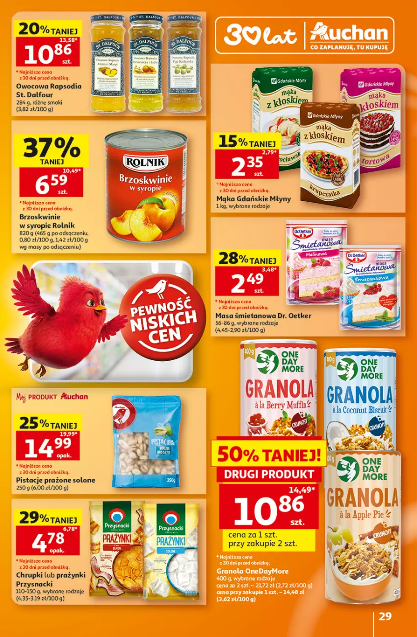 Gazetka promocyjna Auchan - 30 Lat Hipermarket - ważna 06.08 do 12.08.2026 - strona 29 - produkty: Brzoskwinie, Chrupki, Dr. Oetker, Mąka, Pistacje, Przysnacki, Rolnik, Syrop