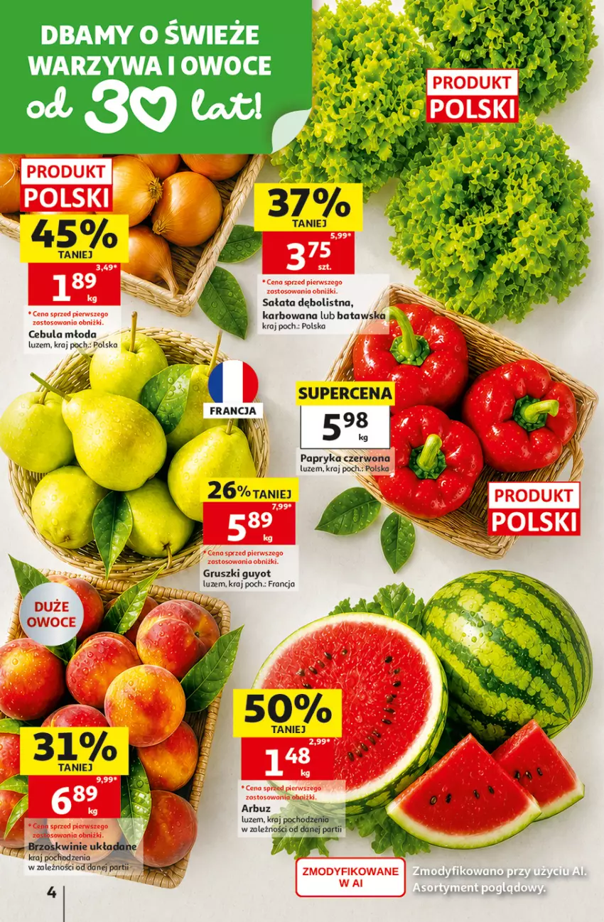 Gazetka promocyjna Auchan - 30 Lat Hipermarket - ważna 06.08 do 12.08.2026 - strona 4 - produkty: Arbuz, Cebula, Gruszki, LG, Owoce, Papryka, Papryka czerwona, Sałat, Warzywa, Warzywa i owoce