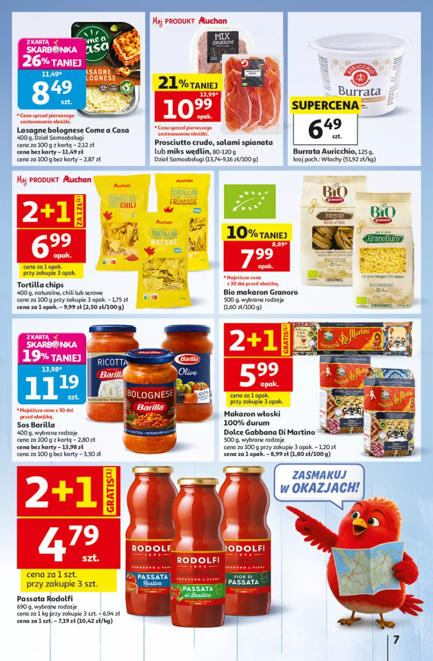 Gazetka promocyjna Auchan - 30 Lat Hipermarket - ważna 06.08 do 12.08.2026 - strona 7 - produkty: Barilla, Burrata, Gra, Lasagne, Lasagne bolognese, Makaron, Odol, Prosciutto, Rum, Salami, Ser, Sos, Tortilla, Tortilla Chips