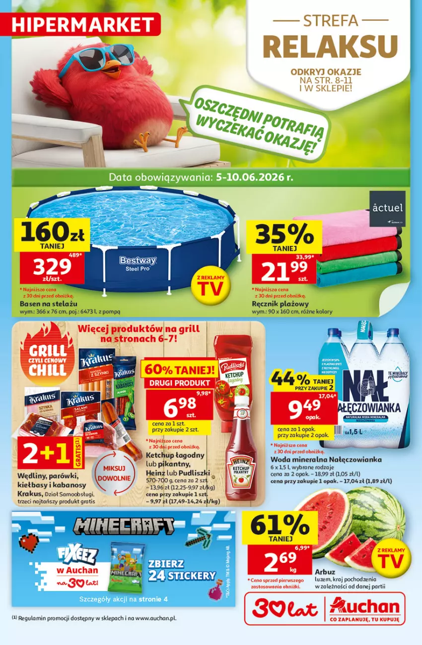 Gazetka promocyjna Auchan - 30 Lat Hipermarkett - ważna 05.06 do 10.06.2026 - strona 1 - produkty: Arbuz, Fa, Gin, Gra, Grill, Kabanos, Ketchup, Krakus, Nałęczowianka, Parówki, Ręcznik, Woda, Woda mineralna