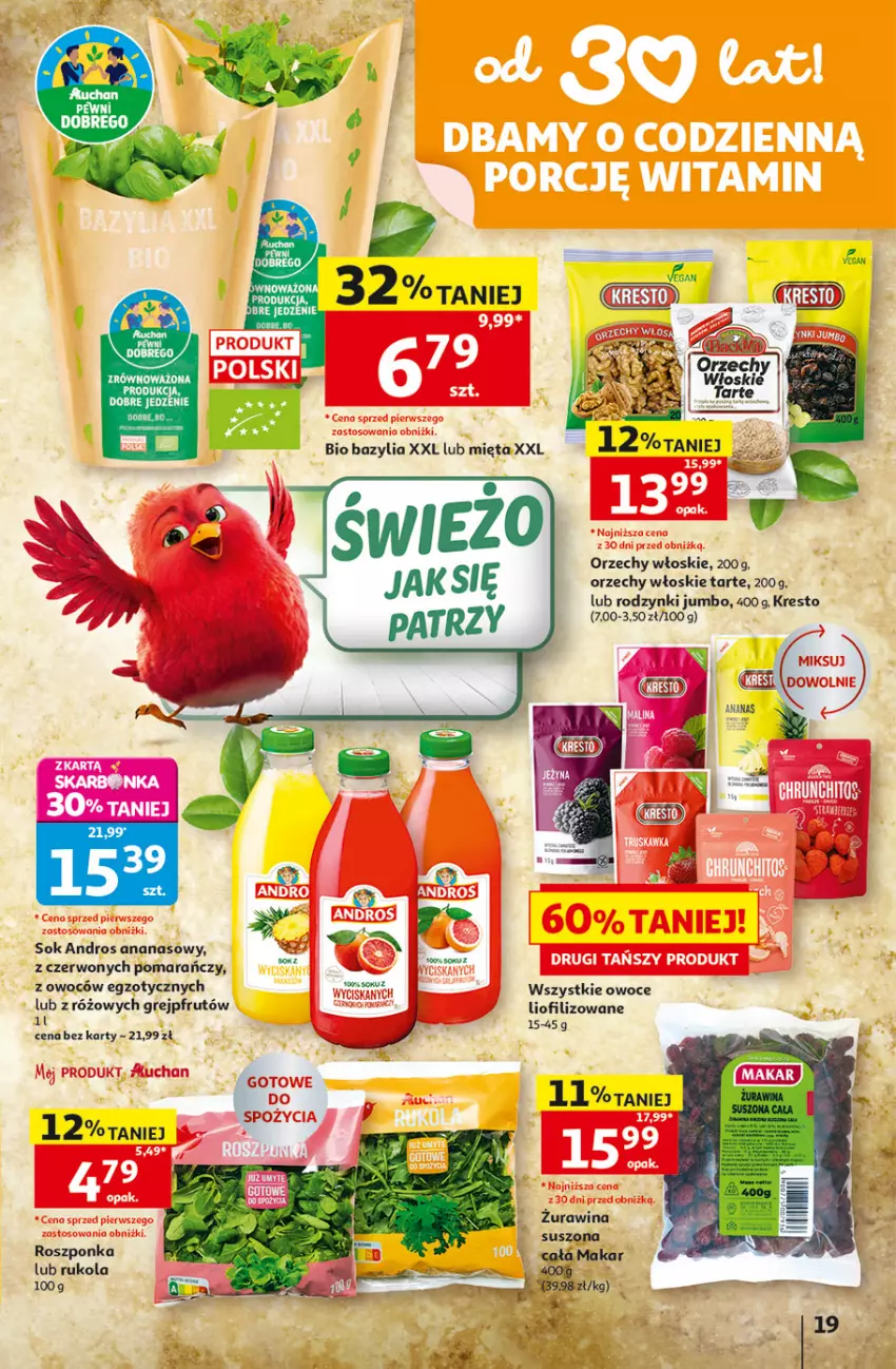 Gazetka promocyjna Auchan - 30 Lat Hipermarkett - ważna 05.06 do 10.06.2026 - strona 19 - produkty: Ananas, Bazyl, Bazylia, Grejpfrut, Mięta, Orzechy włoskie, Owoce, Rodzynki, Roszponka, Rukola, Sok