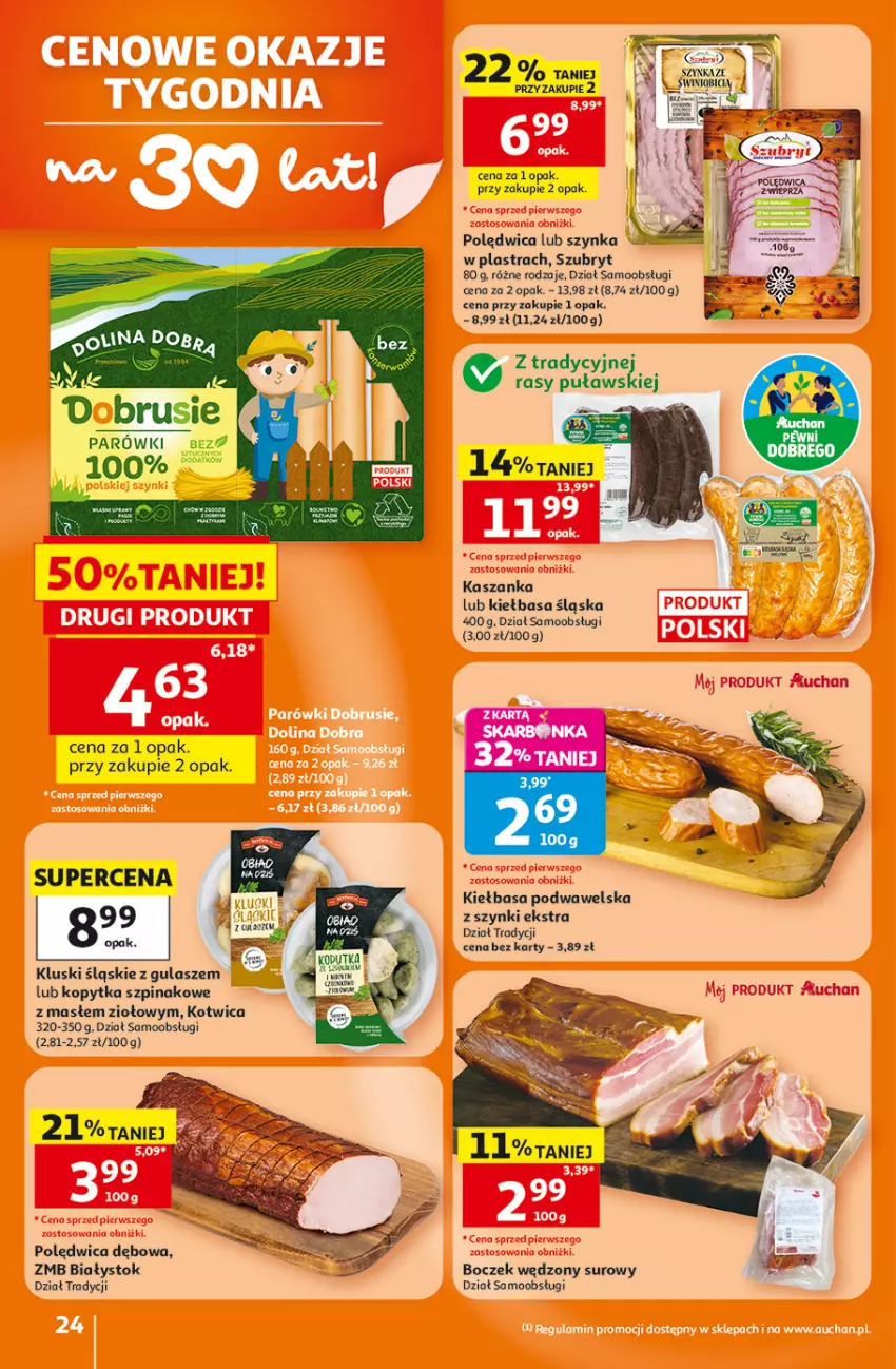 Gazetka promocyjna Auchan - 30 Lat Hipermarkett - ważna 05.06 do 10.06.2026 - strona 24 - produkty: BIC, Boczek, Kasza, Kaszanka, Kiełbasa, Kiełbasa podwawelska, Kiełbasa śląska, Kopytka, Parówki, Polędwica, Szpinak, Szubryt, Szynka, Wawel