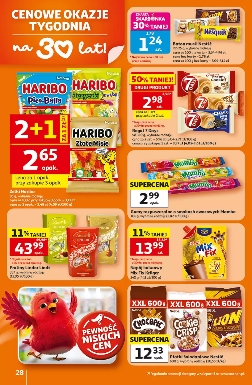 Gazetka promocyjna Auchan - 30 Lat Hipermarkett - ważna 05.06 do 10.06.2026 - strona 28 - produkty: 7 Days, Baton, Danio, Haribo, Kakao, Lindor, Lindt, Mamba, Mus, Napój, Praliny, Rogal