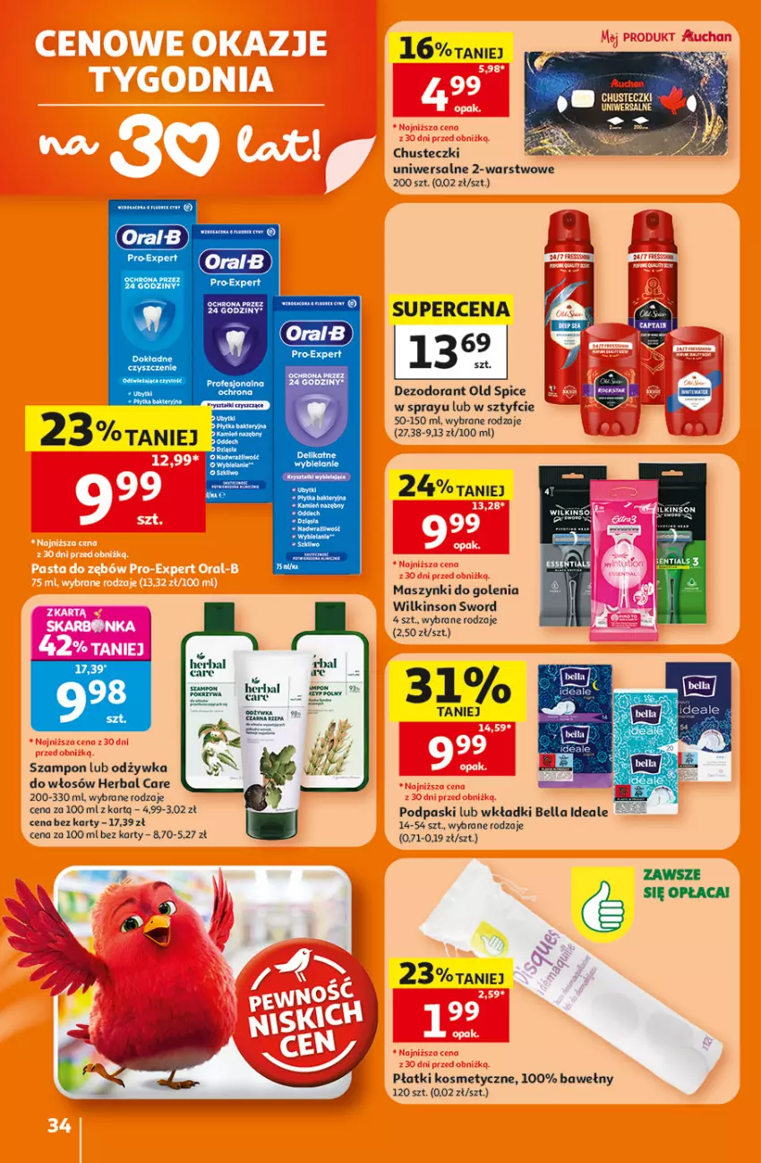 Gazetka promocyjna Auchan - 30 Lat Hipermarkett - ważna 05.06 do 10.06.2026 - strona 34 - produkty: Bell, Bella, Chusteczki, Dezodorant, Odzywka do włosów, Old Spice, Płatki kosmetyczne, Płytka, Podpaski, Szampon, Wilkinson Sword, Wkładki
