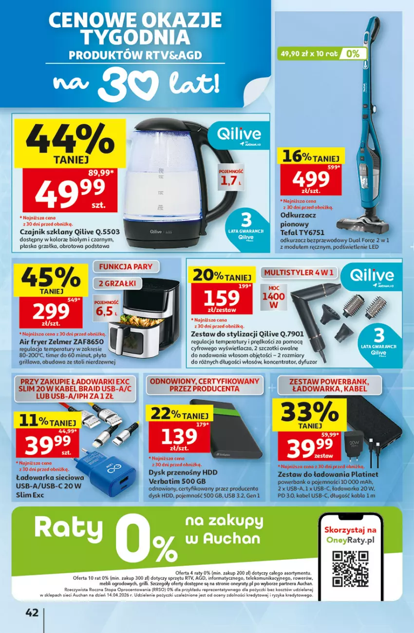 Gazetka promocyjna Auchan - 30 Lat Hipermarkett - ważna 05.06 do 10.06.2026 - strona 42 - produkty: Czajnik, Dysk przenośny, Fa, Grill, Grzałka, Kosz, LANA, Odkurzacz, Odkurzacz bezprzewodowy, PLATINET, Płyta, Powerbank, Rower, Tefal, Top, Warka, Zelmer