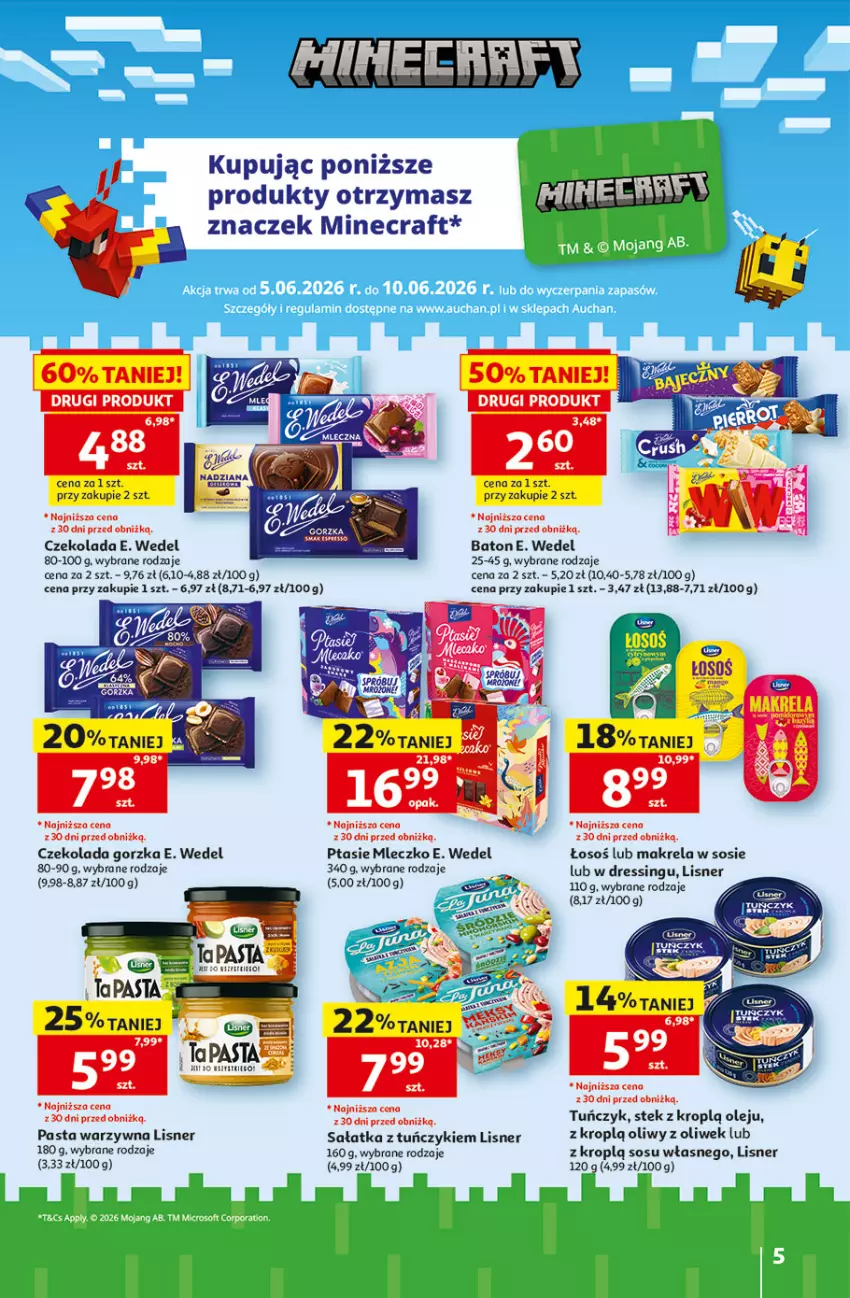 Gazetka promocyjna Auchan - 30 Lat Hipermarkett - ważna 05.06 do 10.06.2026 - strona 5 - produkty: Baton, Czekolada, Czekolada gorzka, Dres, E. Wedel, Iams, LG, Lisner, Minecraft, Mleczko, Olej, Pasta warzywna, Ptasie mleczko, Sałat, Sałatka, Sos, Stek, Tuńczyk