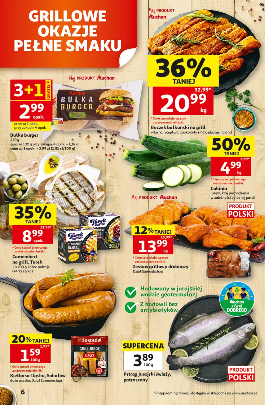 Gazetka promocyjna Auchan - 30 Lat Hipermarkett - ważna 05.06 do 10.06.2026 - strona 6 - produkty: Boczek, Bułka, Burger, Camembert, Grill, Kiełbasa, Kiełbasa śląska, Pstrąg, Sok, Sokołów