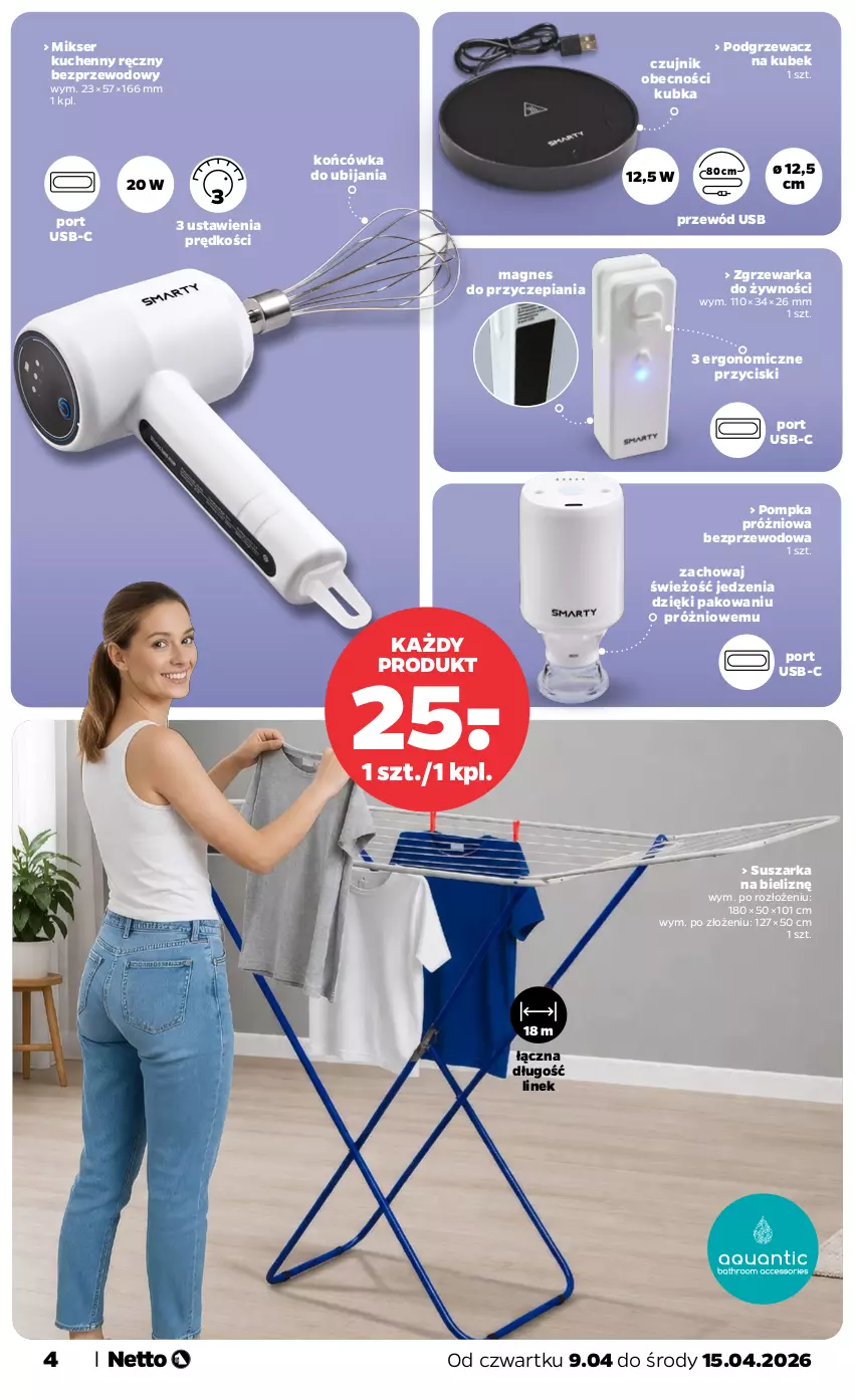 Gazetka promocyjna Netto - Od Czwartku - ważna 09.04 do 15.04.2026 - strona 4 - produkty: Bezprzewodowy czujnik, Kubek, Mikser, Pompka, Por, Przewód, Ser, Suszarka, Warka
