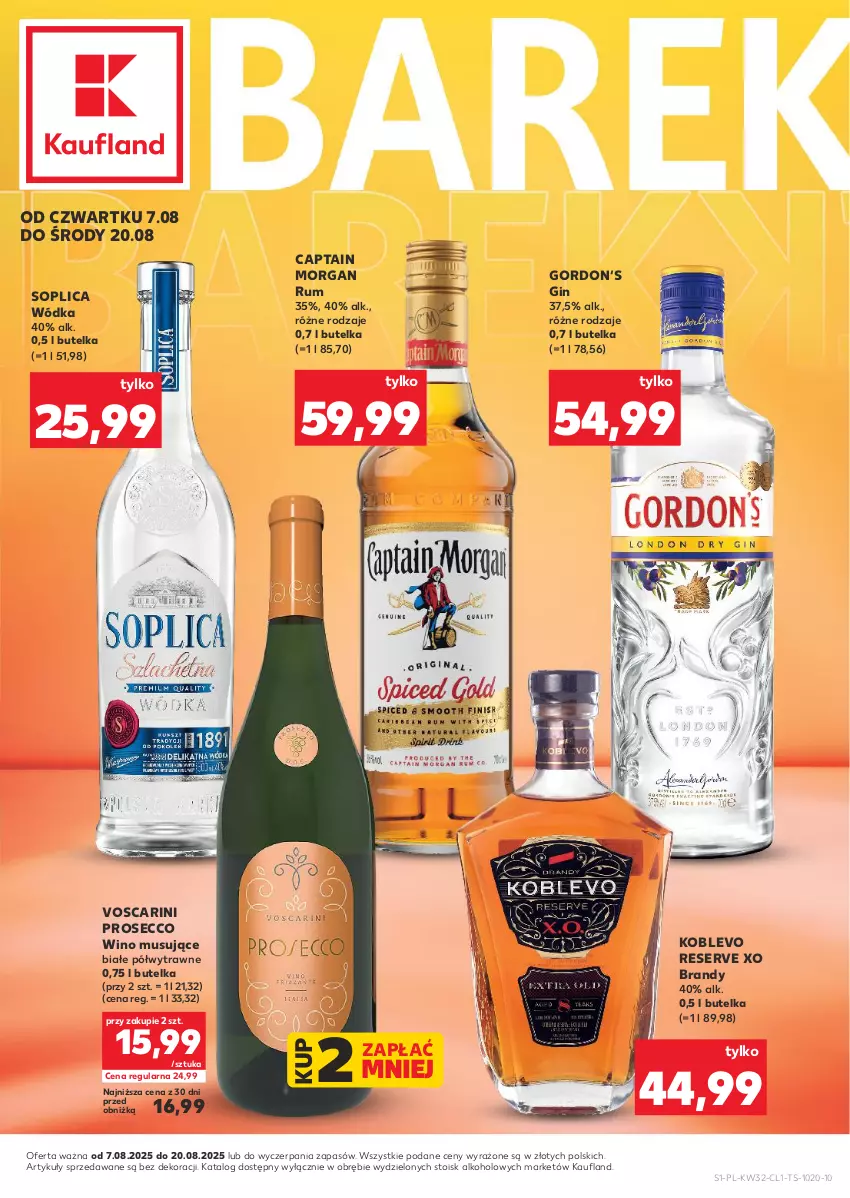 Gazetka promocyjna Kaufland - Barek Kauflandu - ważna 07.08 do 20.08.2025 - strona 1 - produkty: Brandy, Captain Morgan, Gin, Mus, Prosecco, Rum, Ser, Soplica, Wino, Wino musujące, Wódka