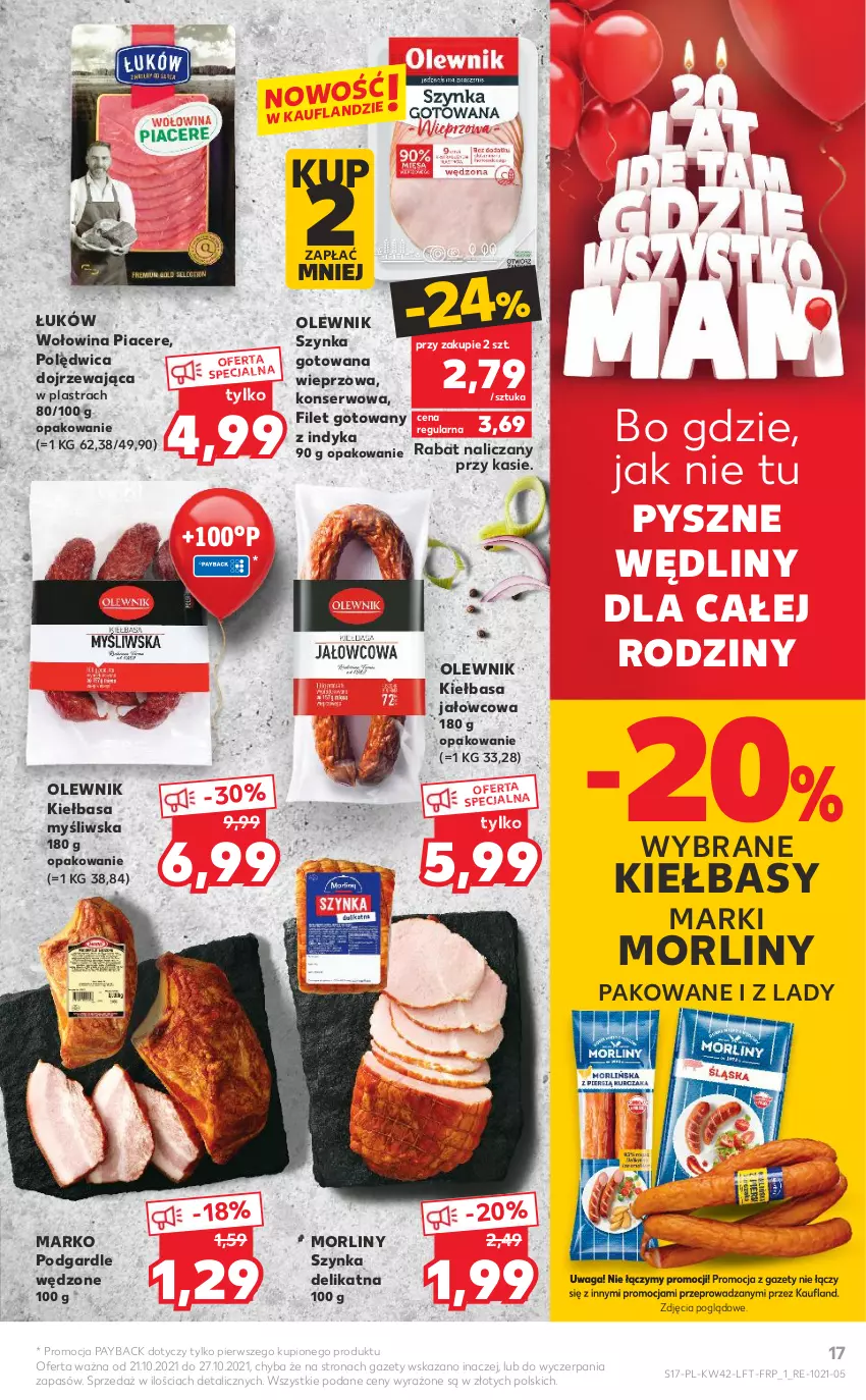 Gazetka promocyjna Kaufland - OFERTA TYGODNIA - ważna 21.10 do 27.10.2021 - strona 17 - produkty: Acer, Kiełbasa, Morliny, Olewnik, Polędwica, Ser, Szynka, Waga, Wołowina