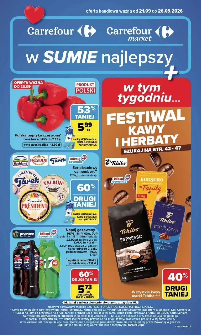 Gazetka promocyjna Carrefour - Gazetka Carrefour, Market w SUMIE najlepszy, od poniedziałku - ważna 21.09 do 26.09.2026 - strona 1 - produkty: 7up, Camembert, Hochland, Mirinda, Napój, Napój gazowany, Papryka, Papryka czerwona, Pepsi, Ser, Ser pleśniowy, Tchibo