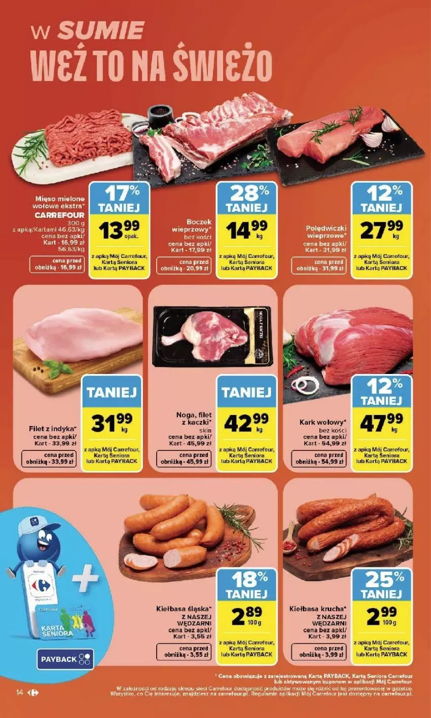 Gazetka promocyjna Carrefour - Gazetka Carrefour, Market w SUMIE najlepszy, od poniedziałku - ważna 21.09 do 26.09.2026 - strona 16 - produkty: Boczek, Fa, Kark wołowy, Kiełbasa, Kiełbasa krucha, Kiełbasa śląska, Mięso, Mięso mielone