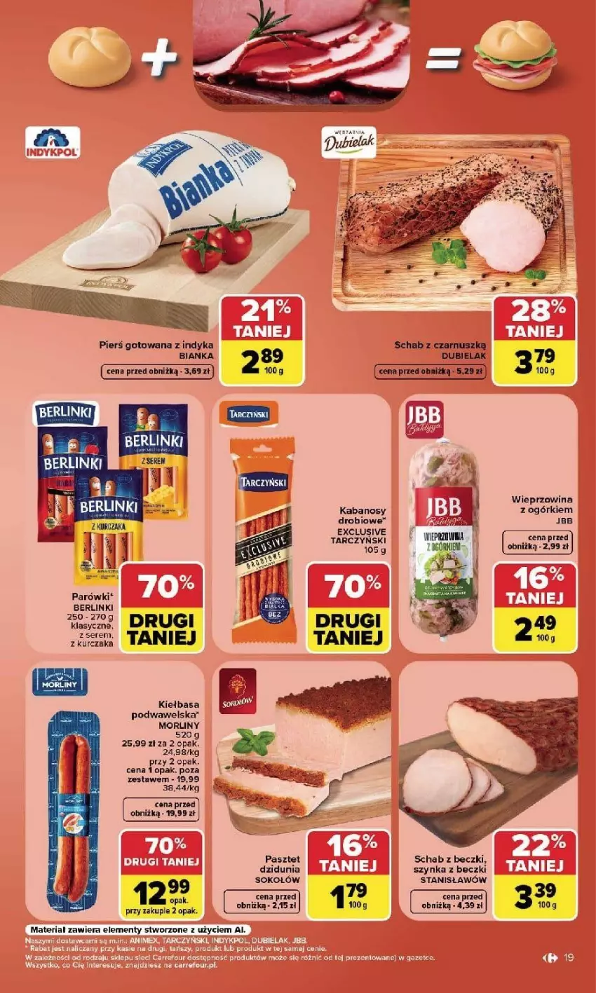 Gazetka promocyjna Carrefour - Gazetka Carrefour, Market w SUMIE najlepszy, od poniedziałku - ważna 21.09 do 26.09.2026 - strona 21 - produkty: Berlinki, Bianka, HP, Kabanos, Kiełbasa, Kiełbasa podwawelska, Parówki, Pasztet, Sok, Sokołów, Szynka, Szynka z beczki, Tarczyński, Wawel, Wieprzowina