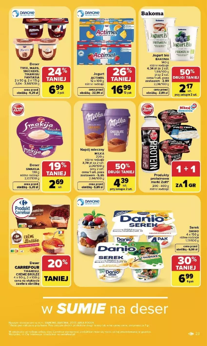 Gazetka promocyjna Carrefour - Gazetka Carrefour, Market w SUMIE najlepszy, od poniedziałku - ważna 21.09 do 26.09.2026 - strona 25 - produkty: Actimel, Bakoma, Danio, Danone, Deser, Fa, Fanta, Jogurt, Jogurt bio, LG, Mars, Milka, Napój, Napój mleczny, Ser, Serek, Smakija, Snickers, Twix, Zott